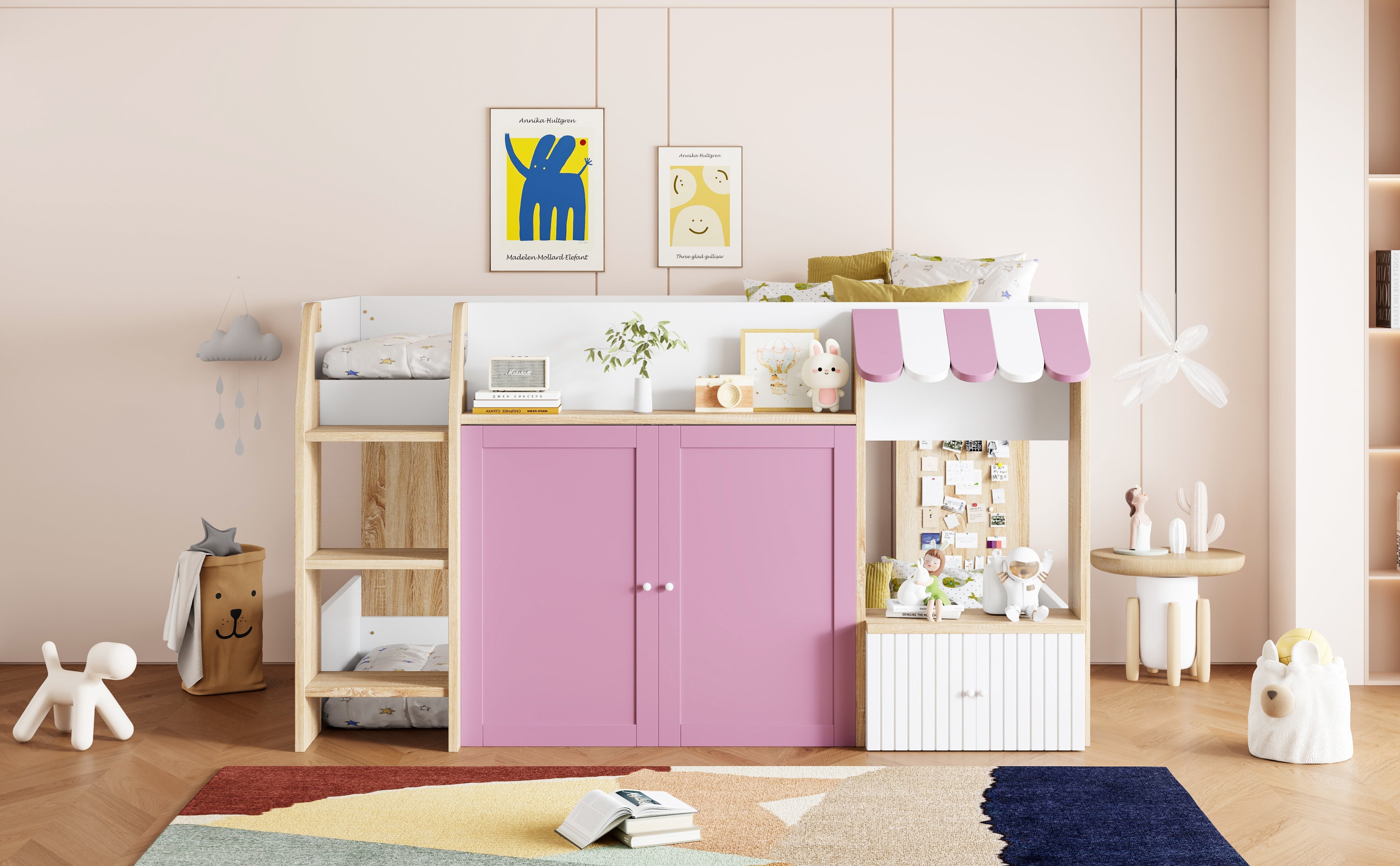 Logidon House Bed Kinderbed 90x200 met opbergruimte en ladder wit roze