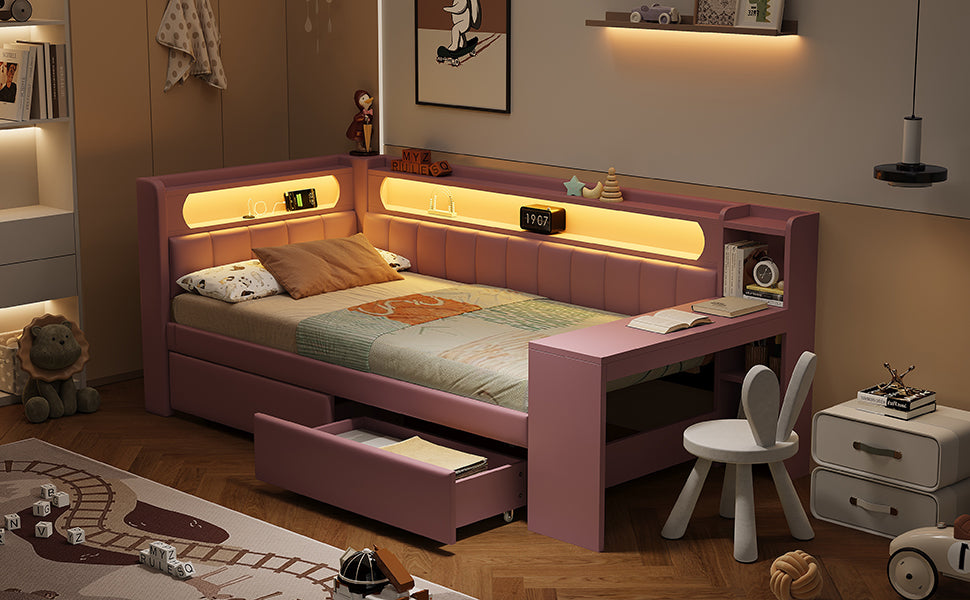 Logidon Daybed 90x200 Upholstered With USB And LED And Desk Pink