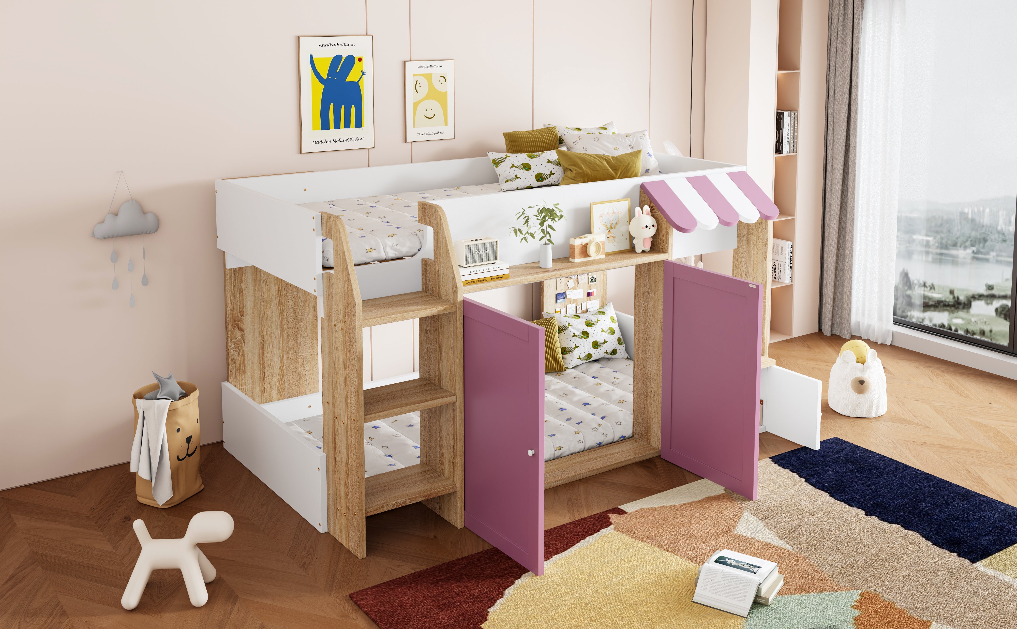 Logidon House Bed Kinderbed 90x200 met opbergruimte en ladder wit roze