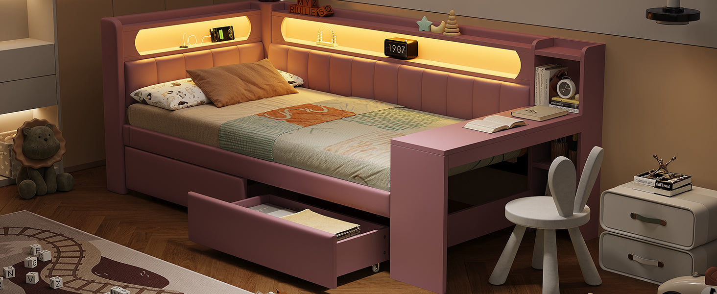 Logidon Daybed 90x200 Upholstered With USB And LED And Desk Pink