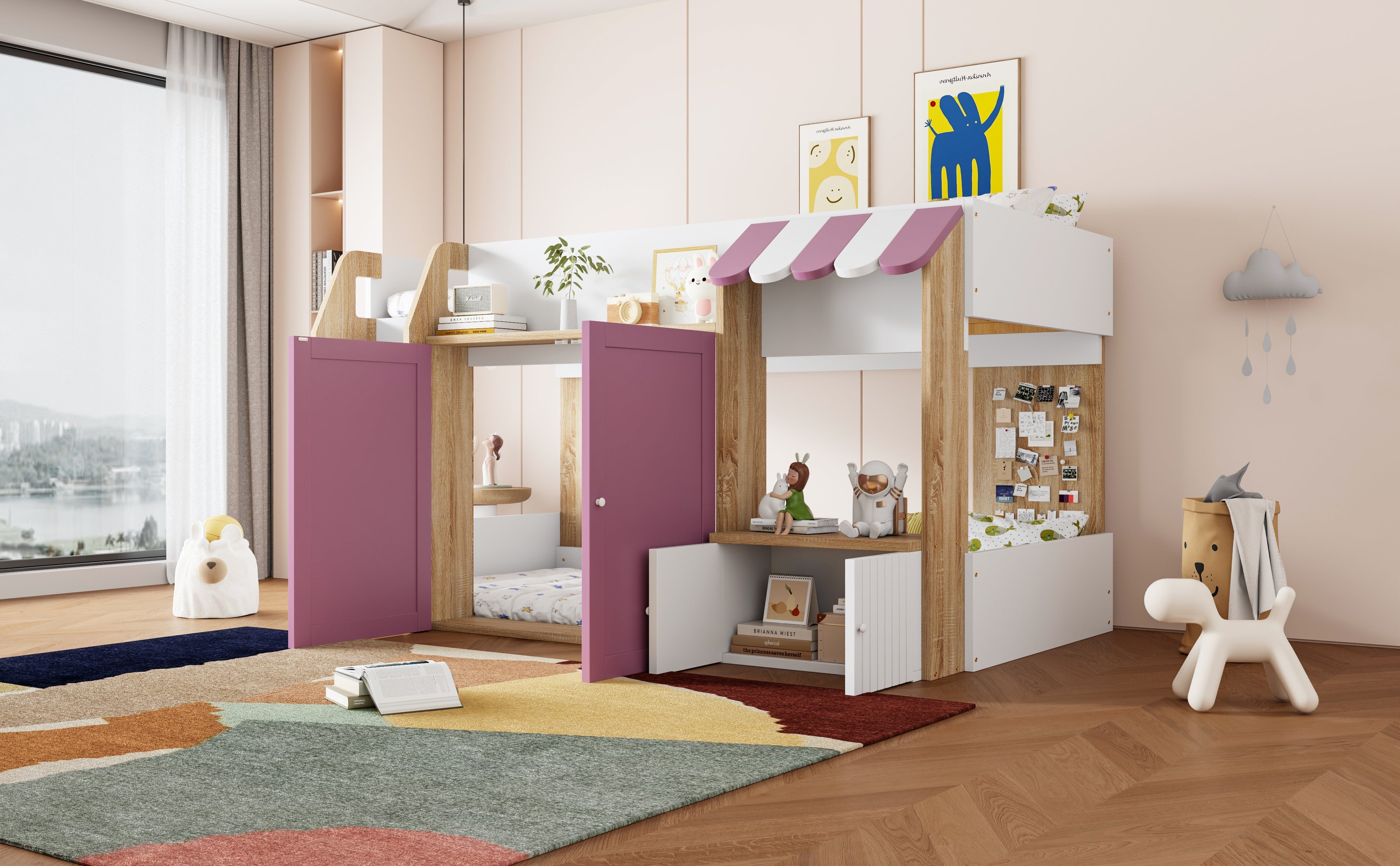 Logidon House Bed Kinderbed 90x200 met opbergruimte en ladder wit roze
