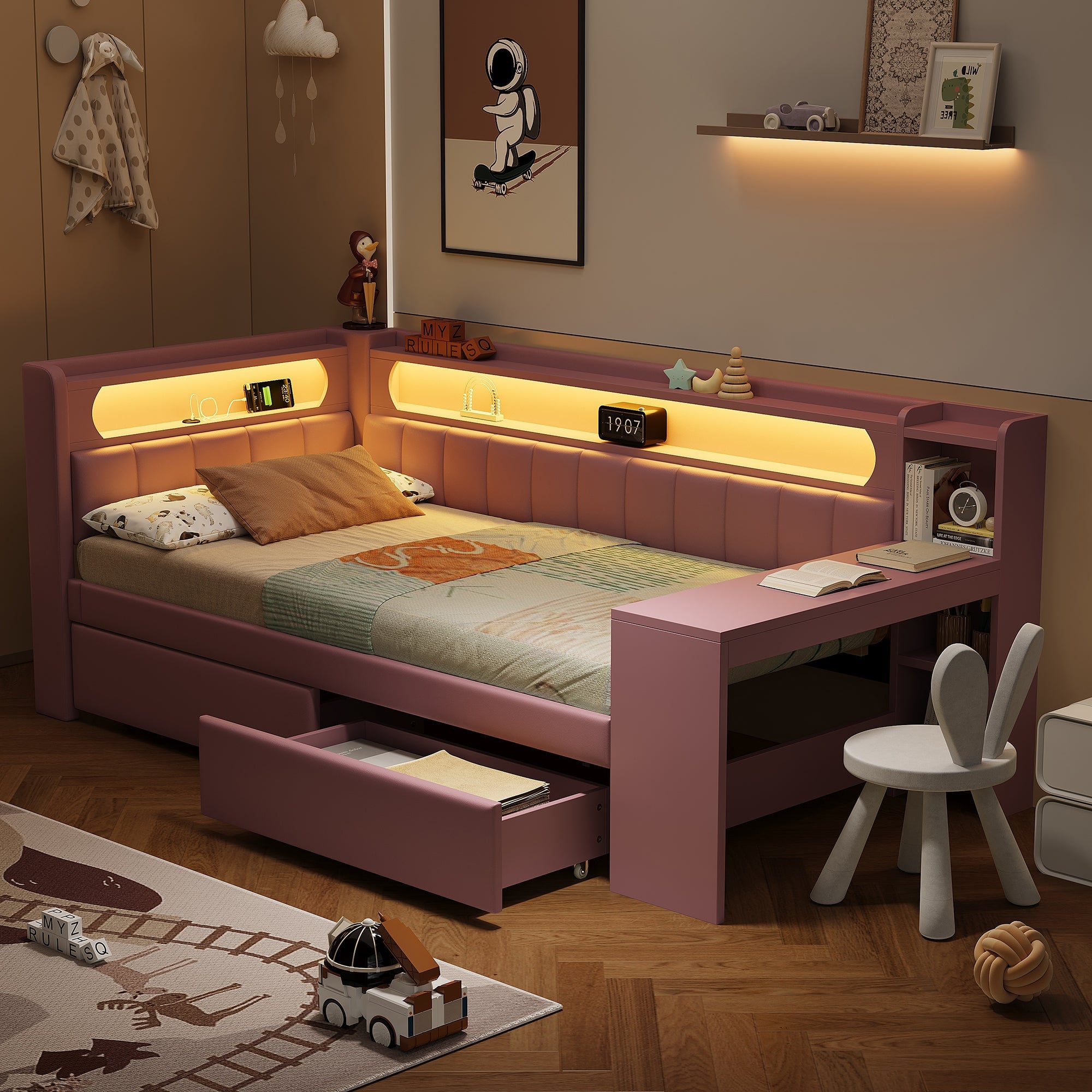Logidon Daybed 90x200 Upholstered With USB And LED And Desk Pink