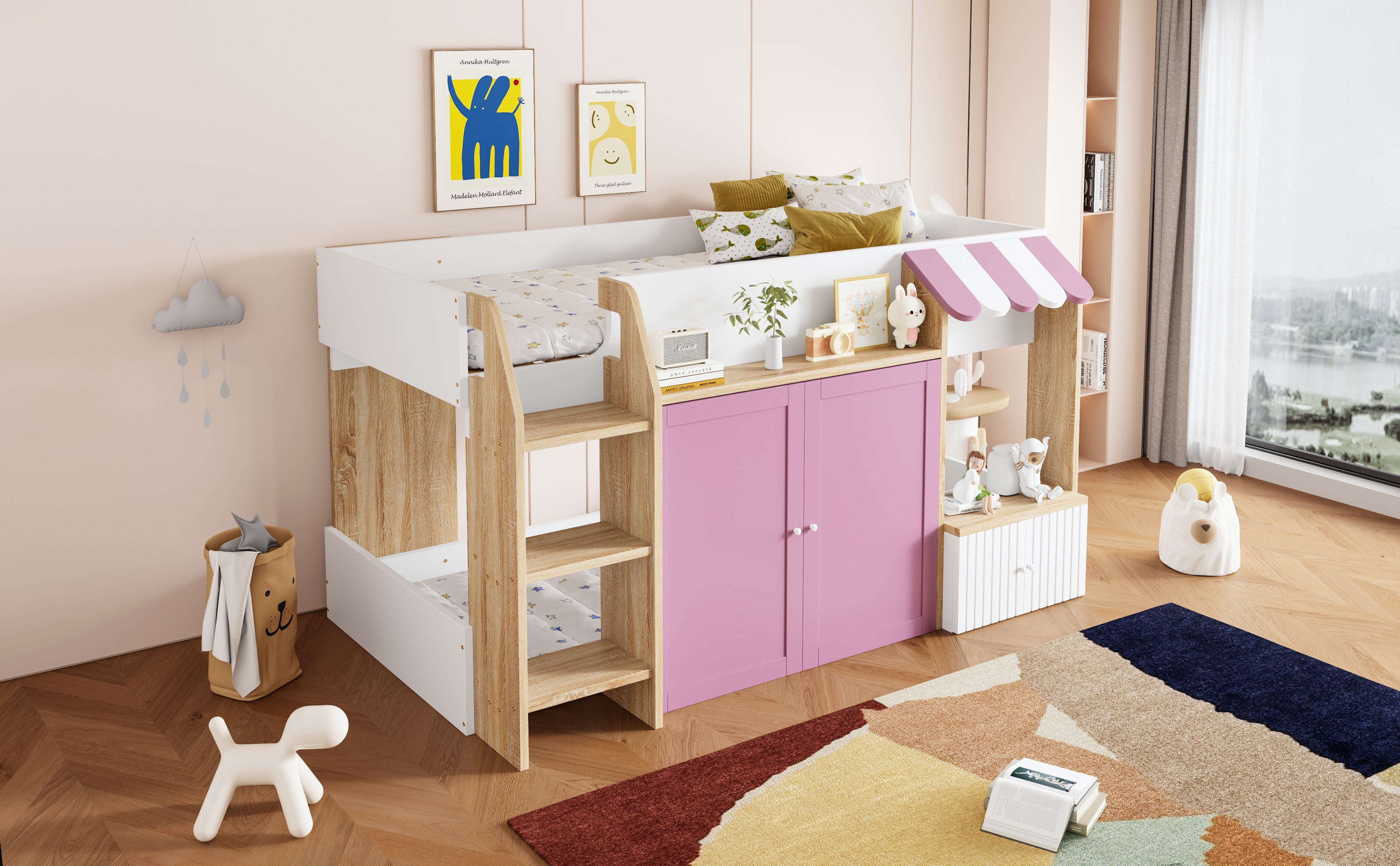 Logidon House Bed Kinderbed 90x200 met opbergruimte en ladder wit roze