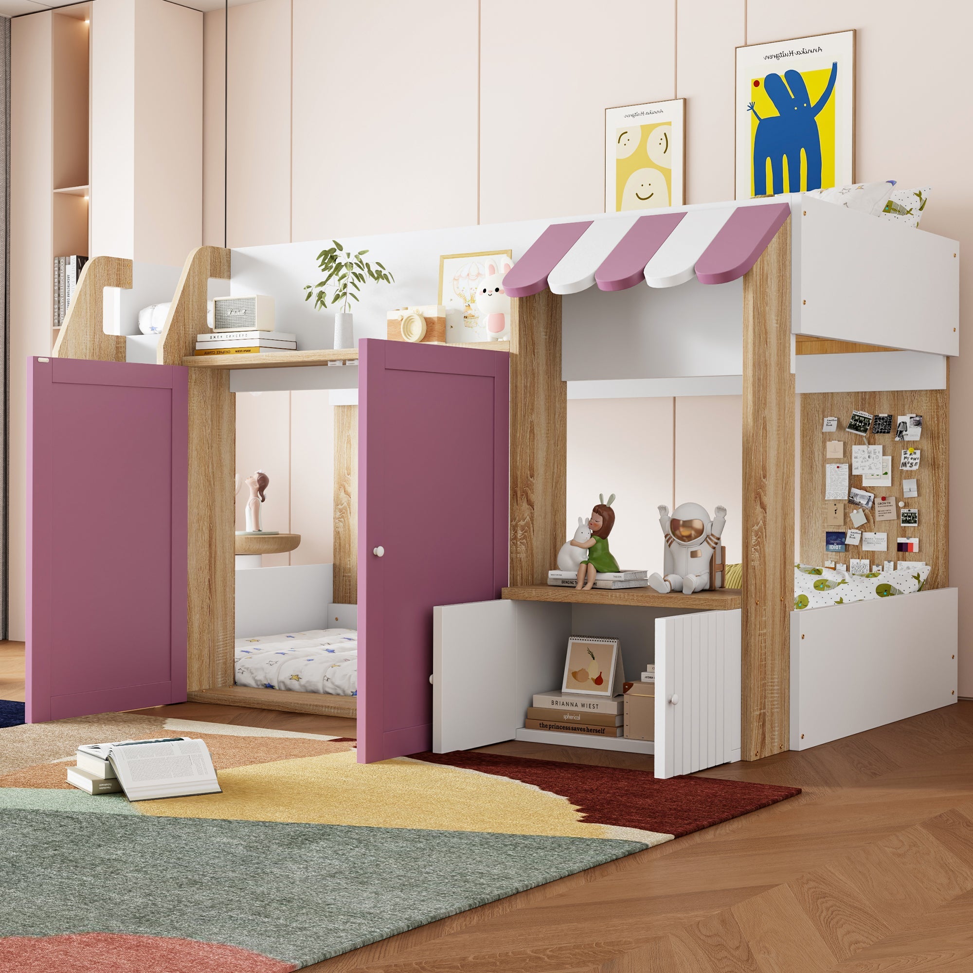 Logidon House Bed Kinderbed 90x200 met opbergruimte en ladder wit roze