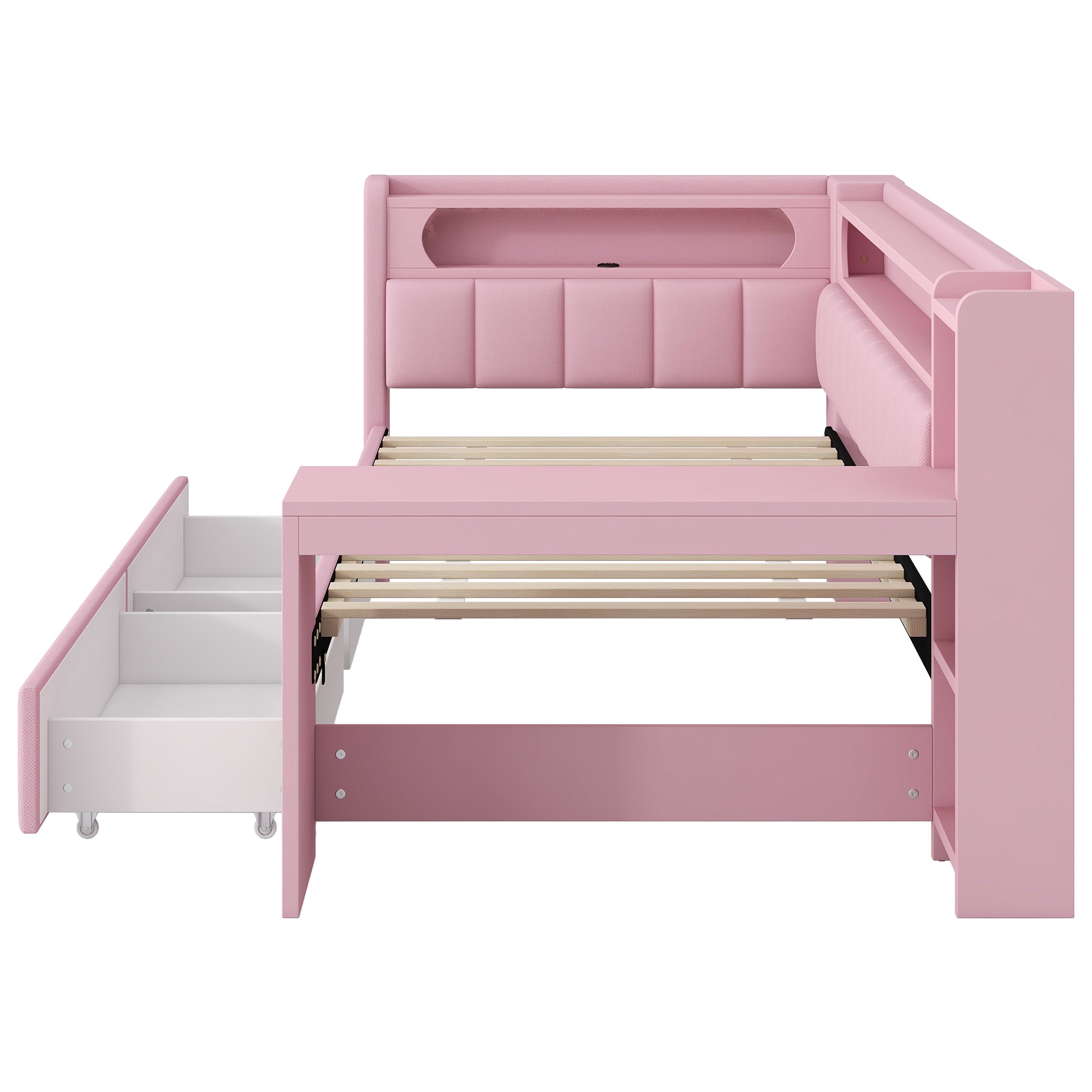 Logidon Daybed 90x200 Upholstered With USB And LED And Desk Pink