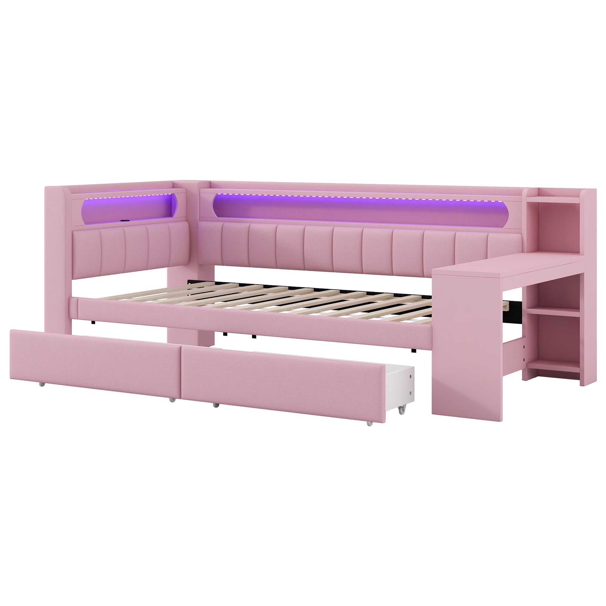 Logidon Daybed 90x200 Upholstered With USB And LED And Desk Pink