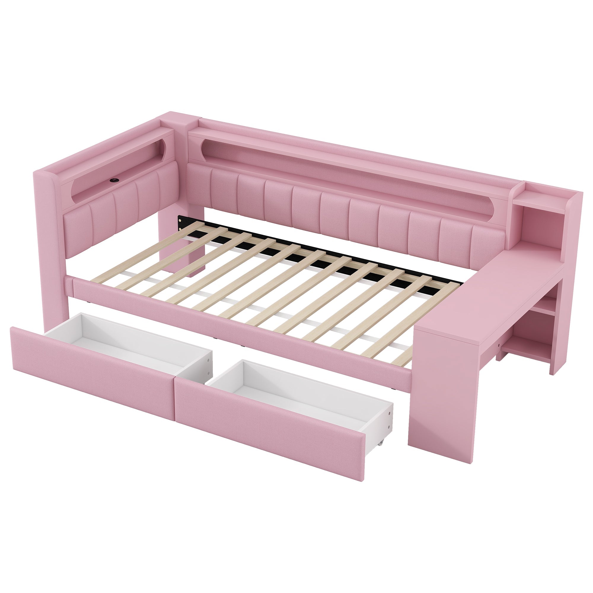 Logidon Daybed 90x200 Upholstered With USB And LED And Desk Pink