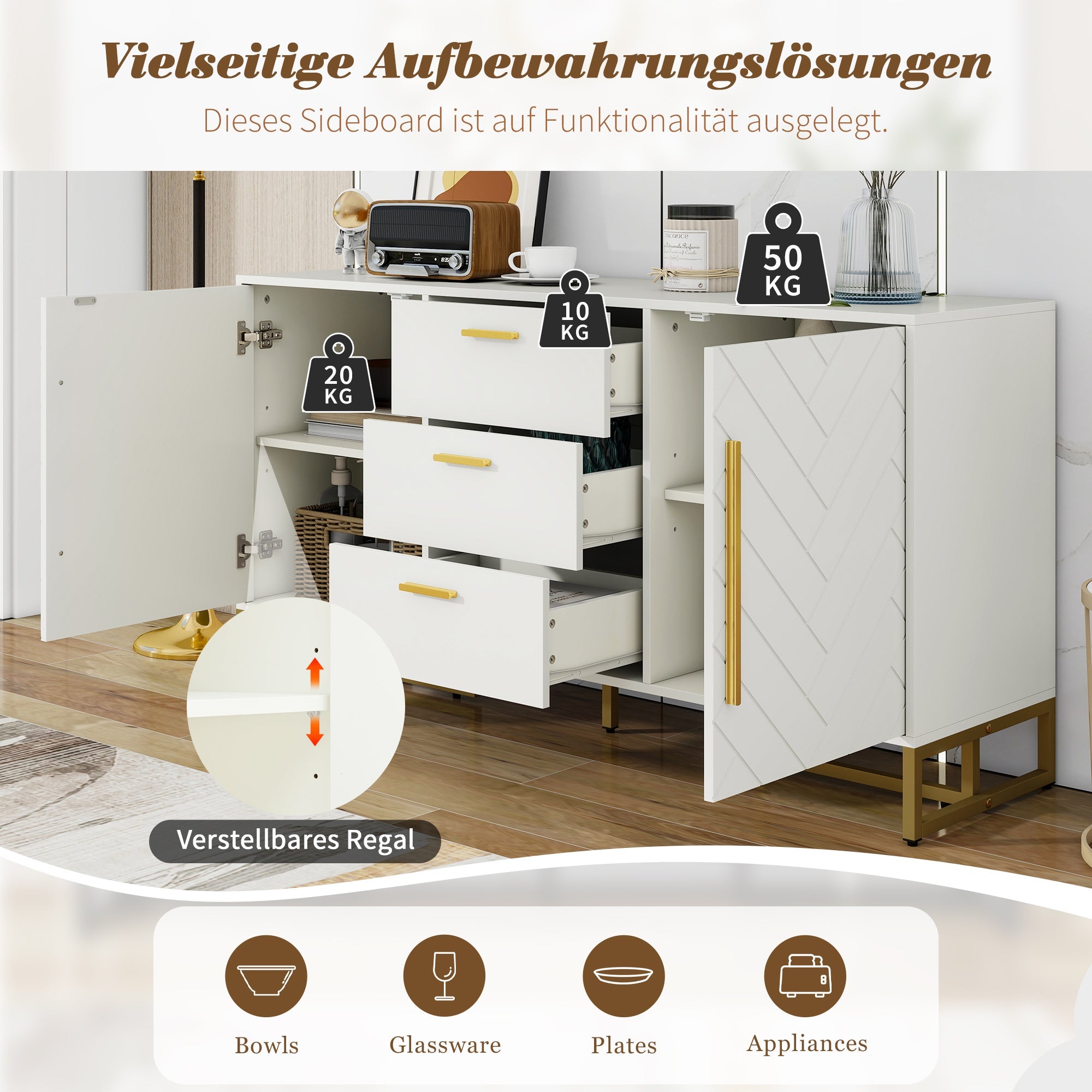 Logidon dressoir wit visgraatpatroon 145x40x75 cm 3 lades