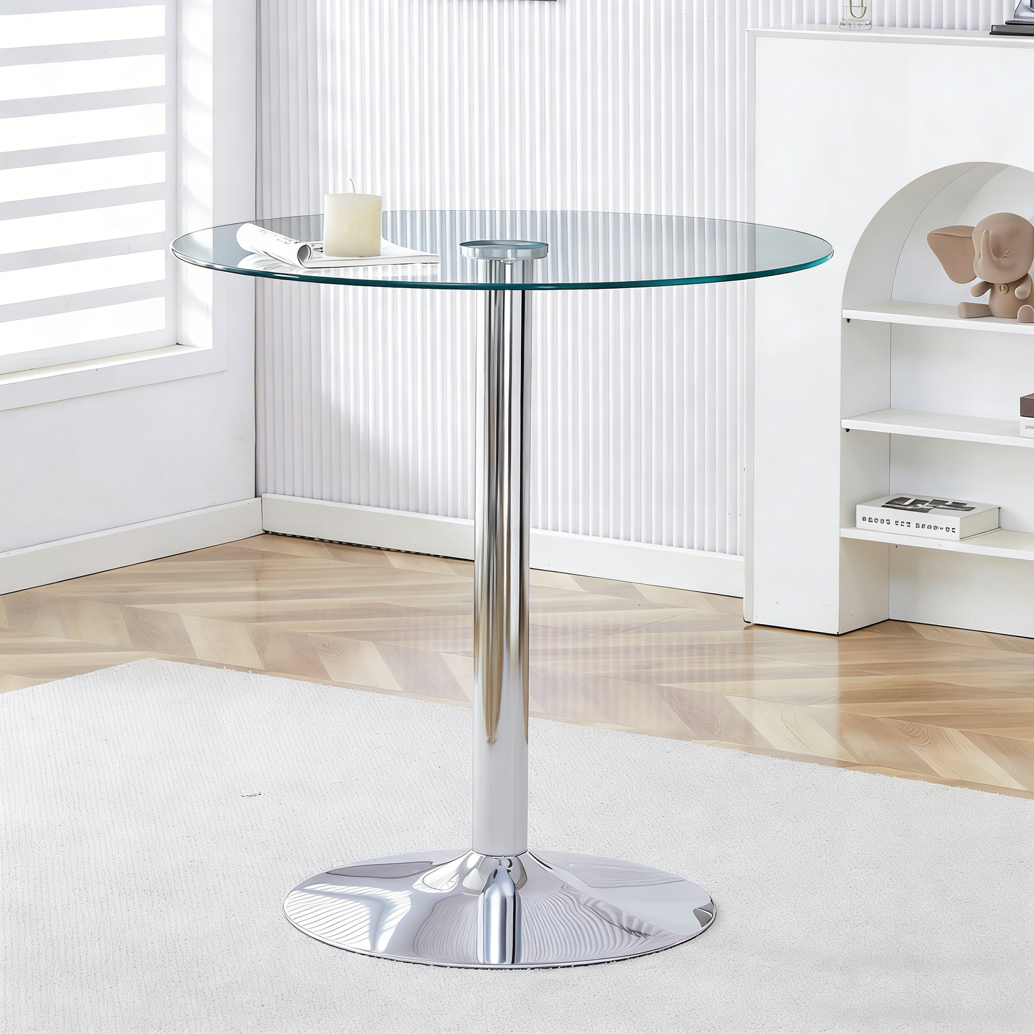 Logidon Moderne Glazen Tafel Rond 89 cm - Transparant metalen onderstel, 92 cm hoog