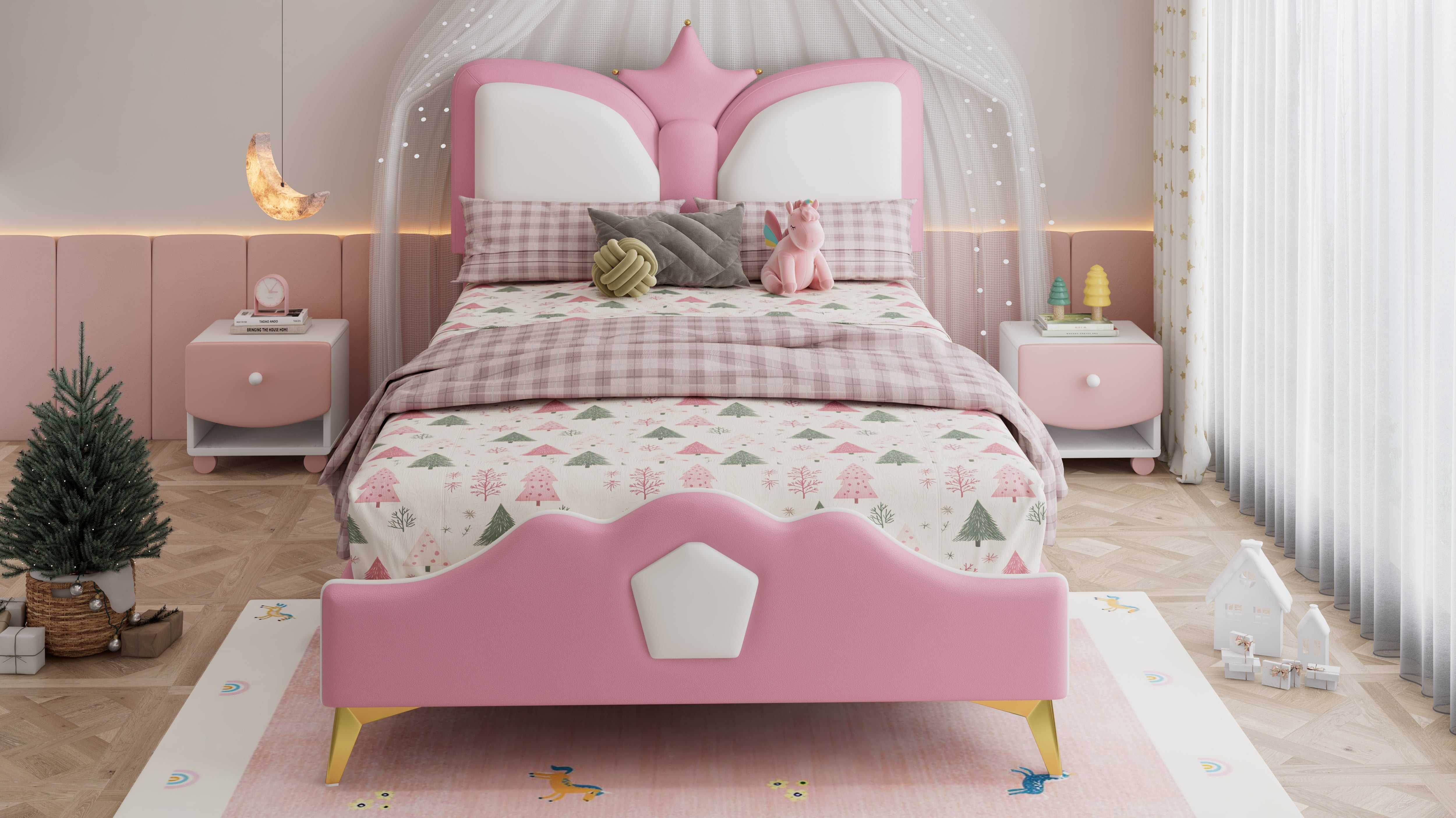 Logidon gestoffeerd bed 90x200cm roze wit kroonvormig hoofdeinde