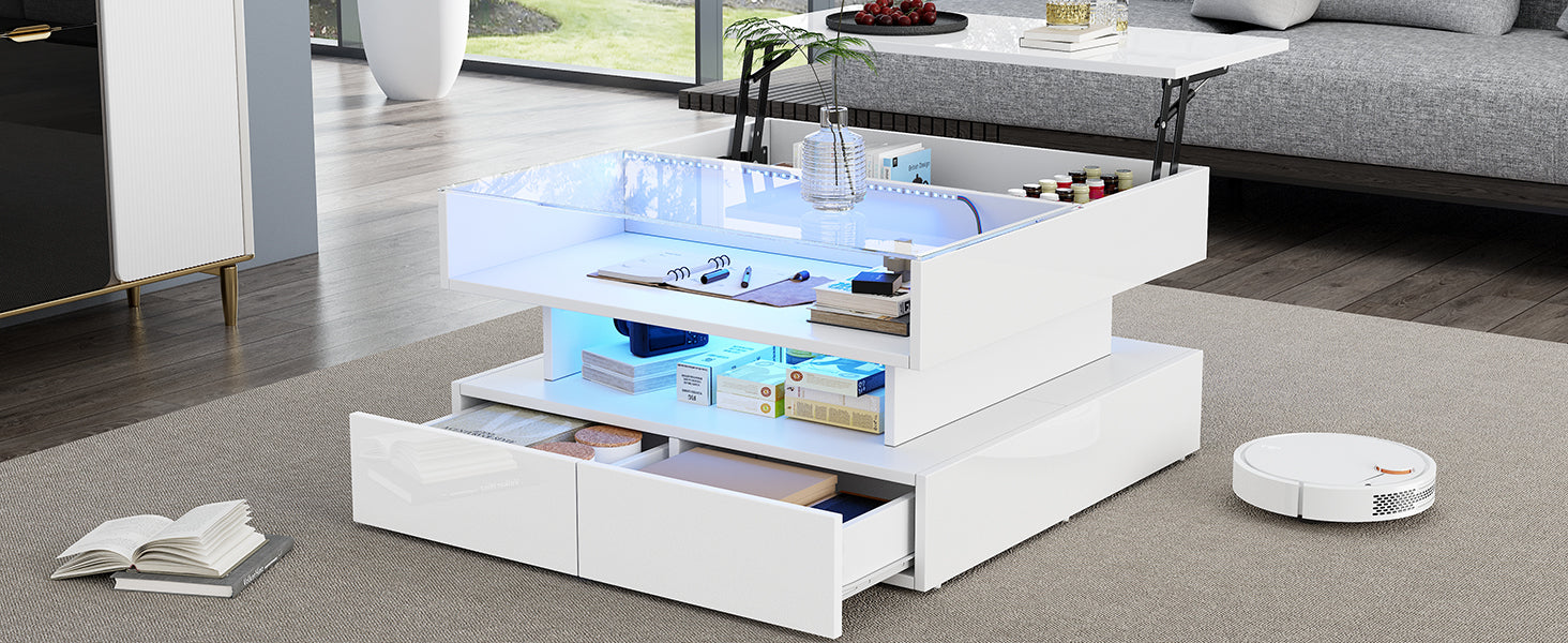 Logidon In hoogte verstelbare salontafel 80x80 cm witte LED opbergruimte