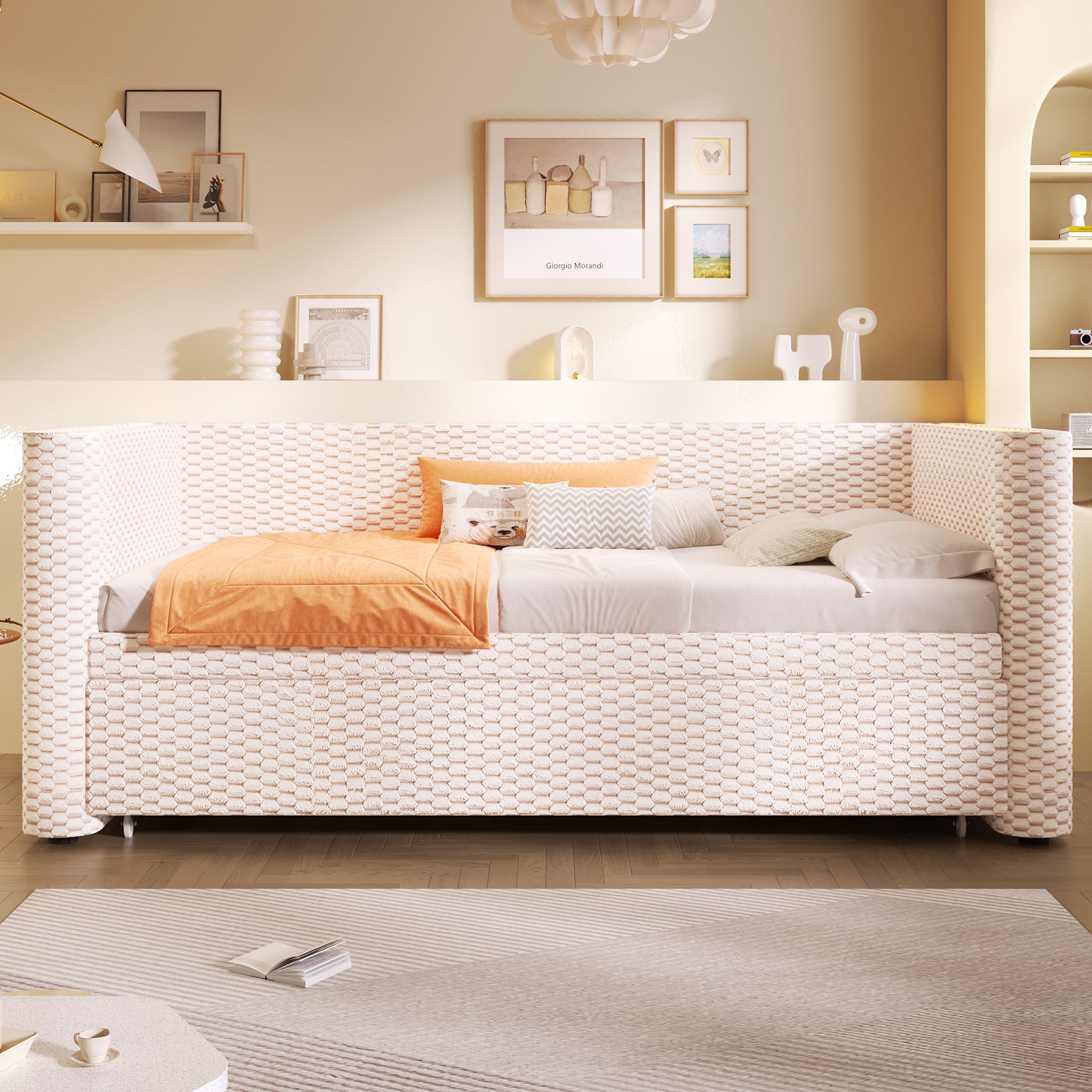 Logidon dagbed slaapbank beige fluweel 90x200/180x200 LED