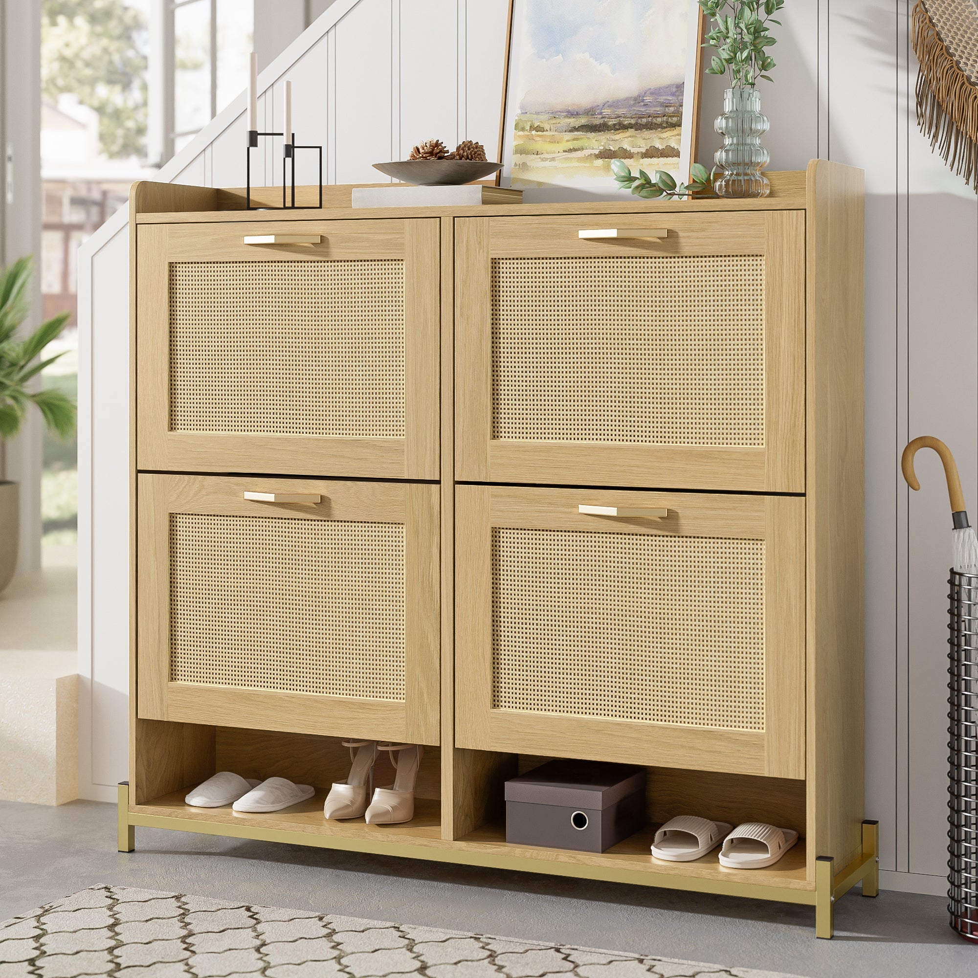 Logidon Elegante Schoenenkast Hout Met Rotan Deuren 4 Deurs Eik