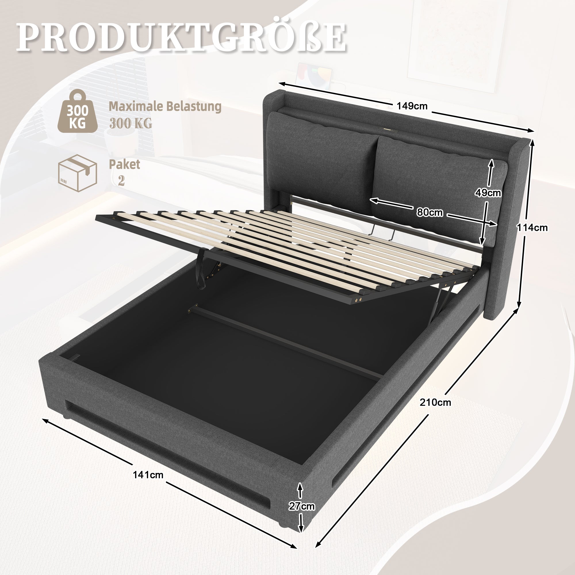 Logidon Modern gestoffeerd bed grijs 140x200 cm met opbergruimte en LED