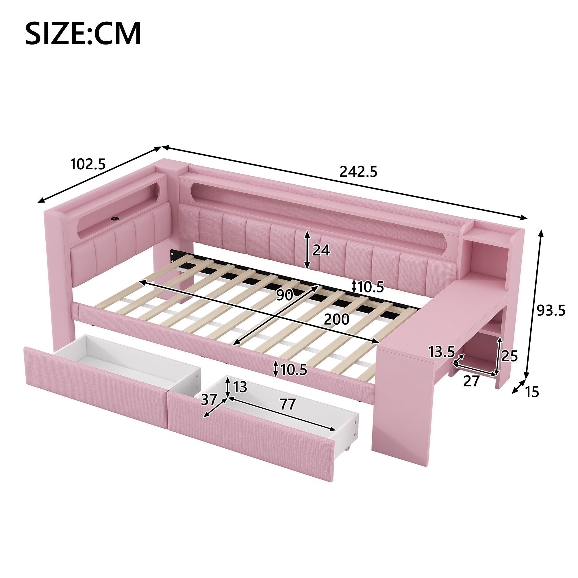 Logidon Daybed 90x200 gestoffeerd met USB en LED en bureau roze