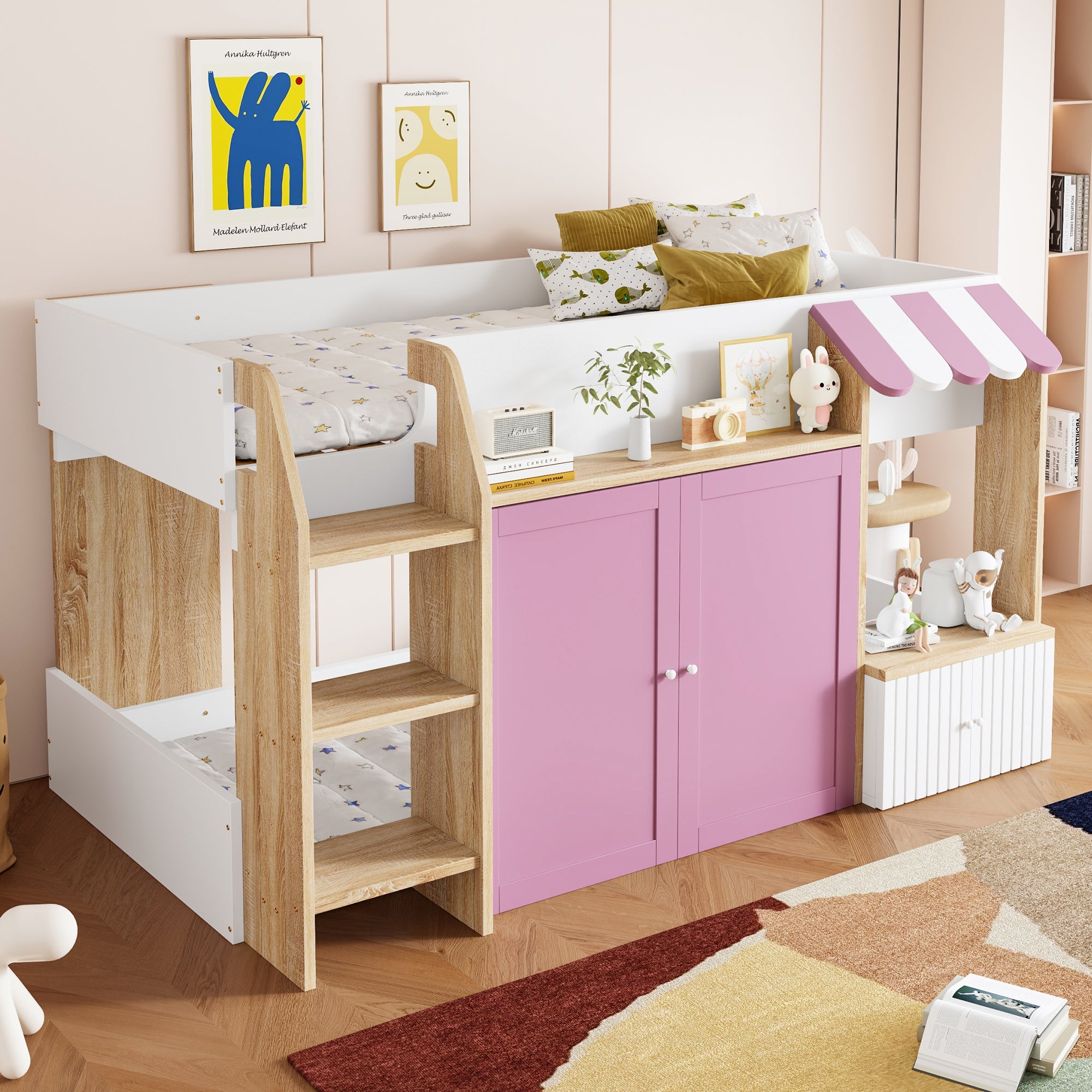 Logidon House Bed Kinderbed 90x200 met opbergruimte en ladder wit roze