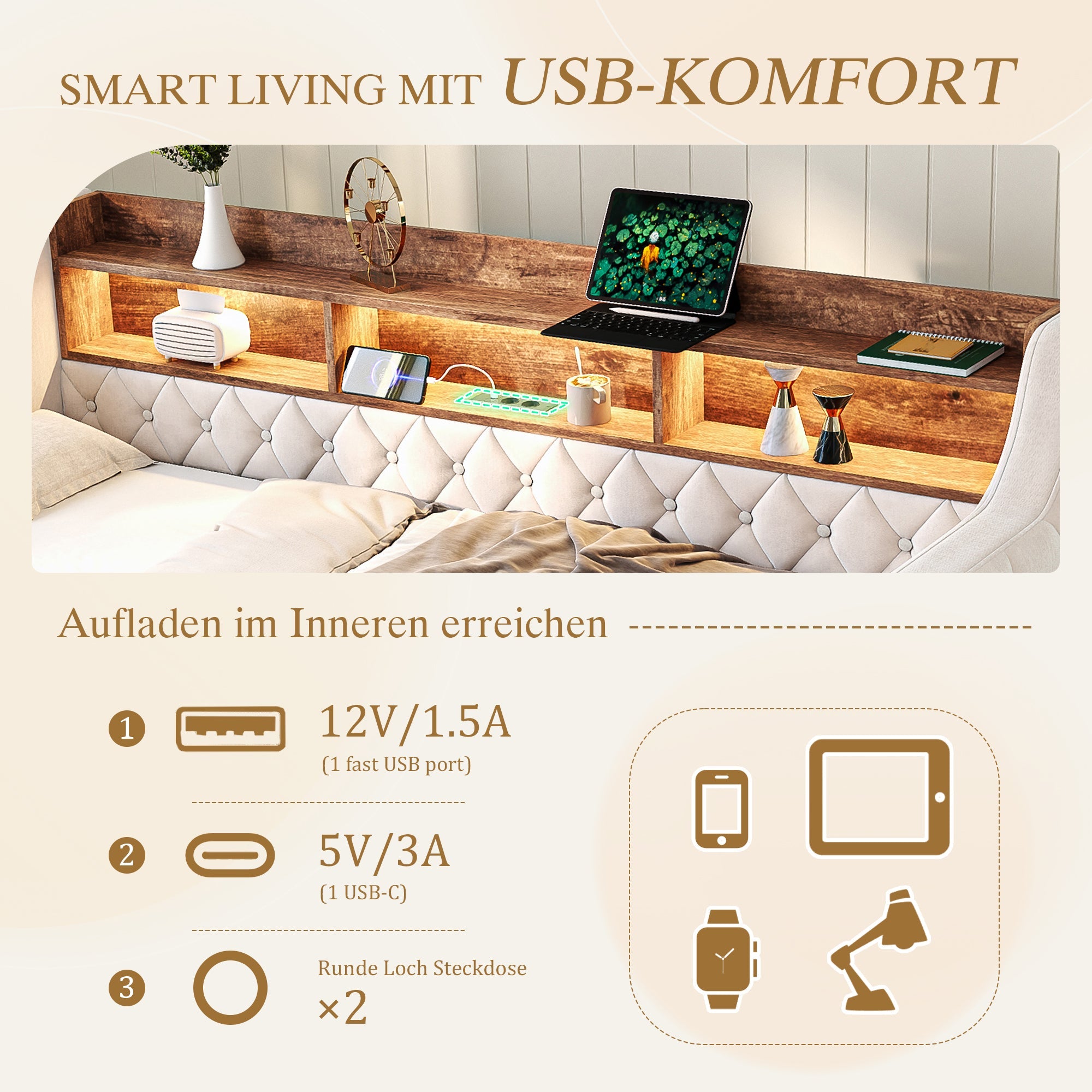 Logidon slaapbank 90x190 cm beige fluweel met opbergruimte LED USB-C