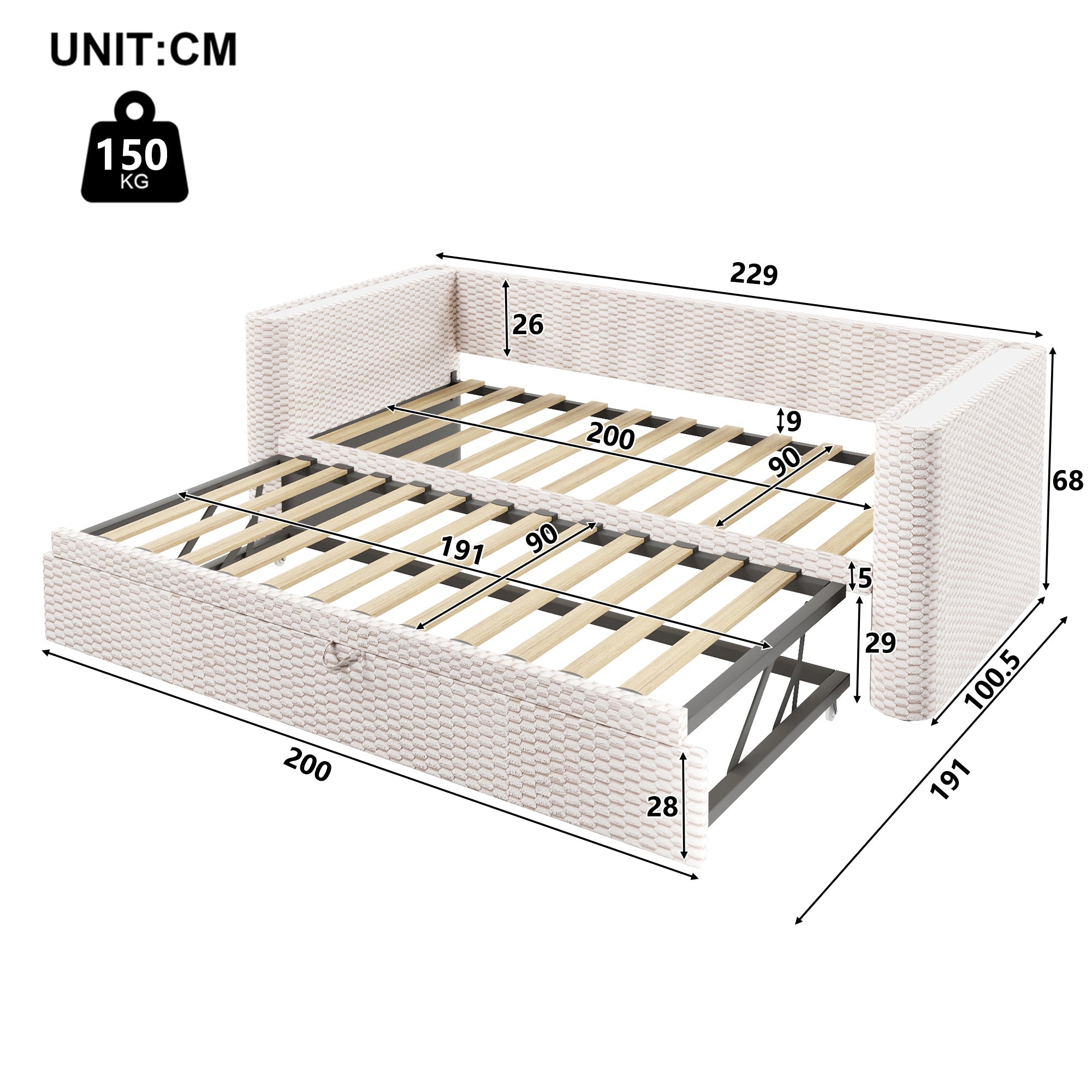 Logidon dagbed slaapbank beige fluweel 90x200/180x200 LED