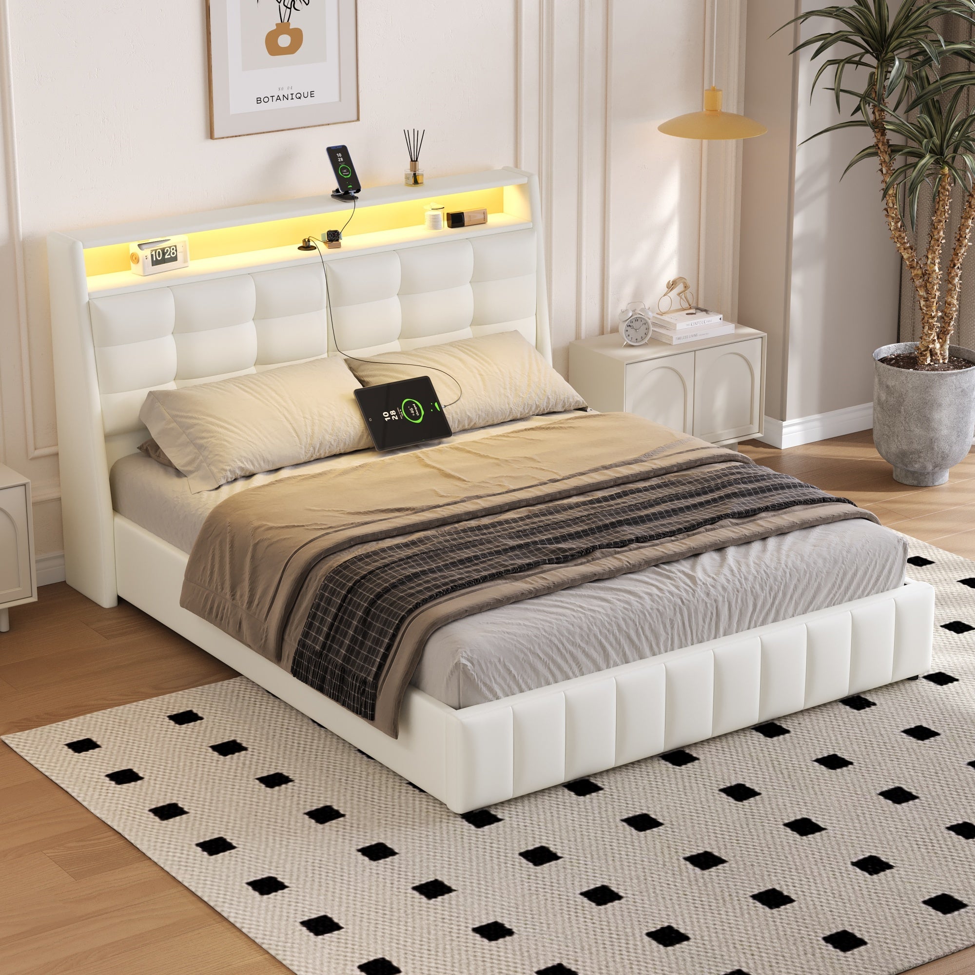 Logidon gewatteerd platformbed 160x200 met LED-licht en USB wit