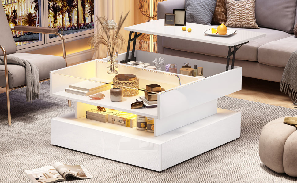 Logidon In hoogte verstelbare salontafel 80x80 cm witte LED opbergruimte