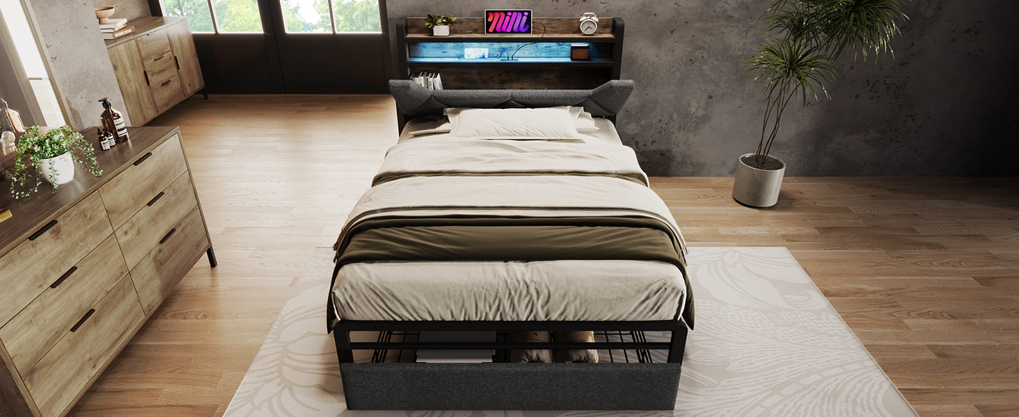 Logidon gestoffeerd bed USB oplaadfunctie opbergruimte hoofdbord LED grijs 90x200