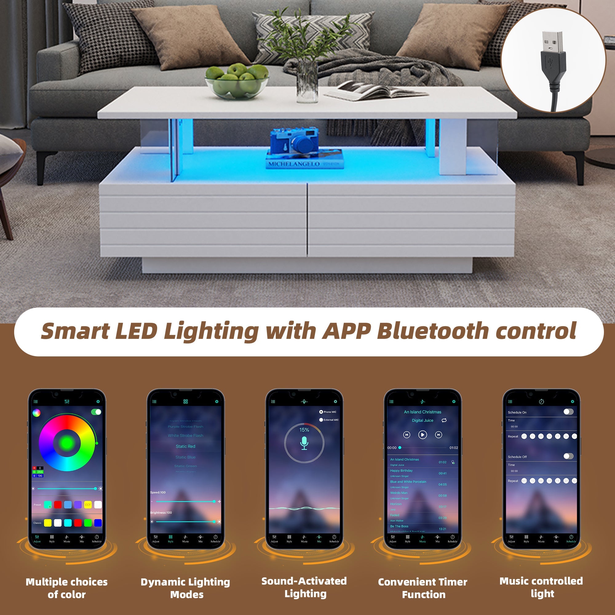 Logidon Witte LED Salontafel met Opbergruimte Bluetooth App Bediening 100x50x42 Cm