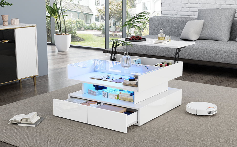 Logidon In hoogte verstelbare salontafel 80x80 cm witte LED opbergruimte