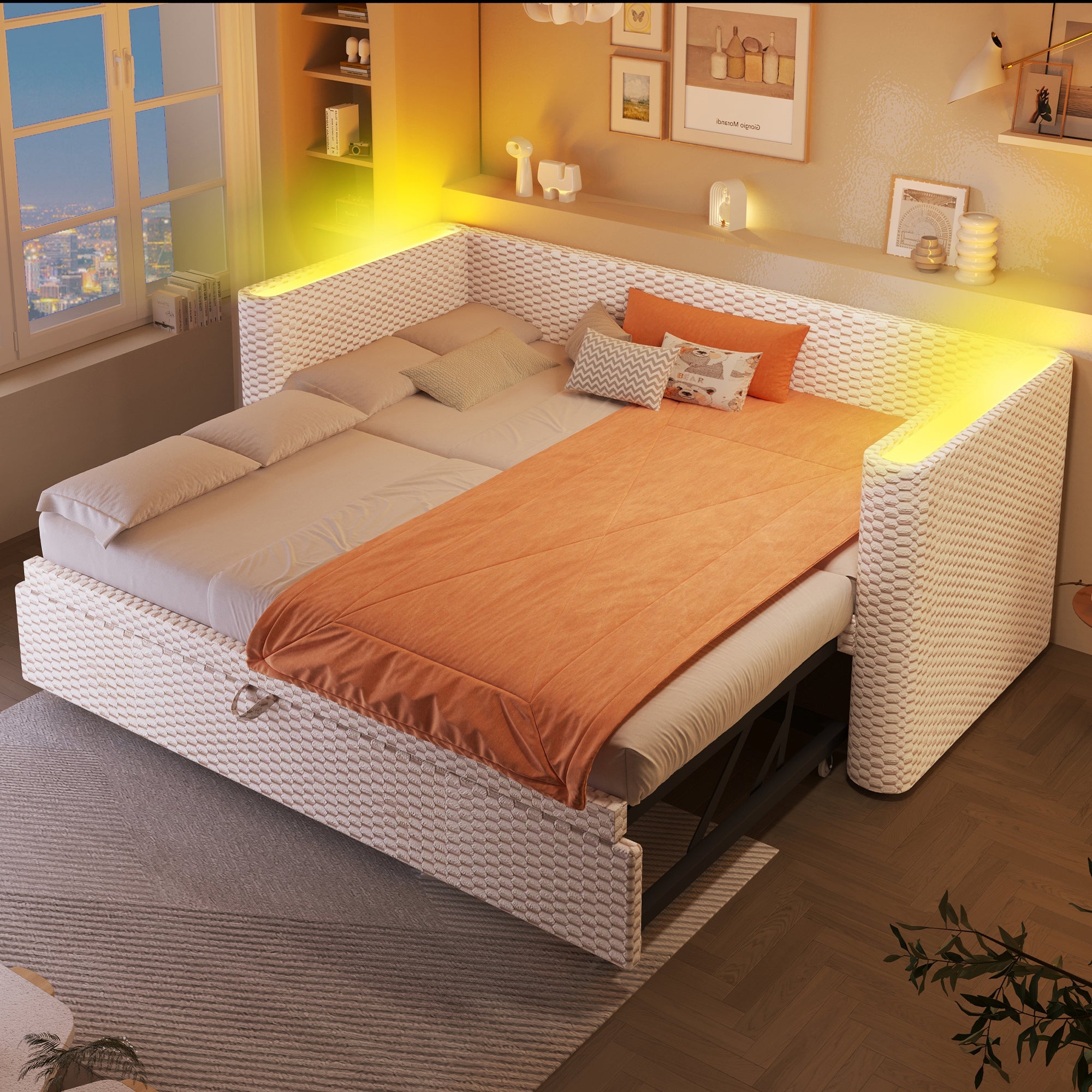Logidon dagbed slaapbank beige fluweel 90x200/180x200 LED