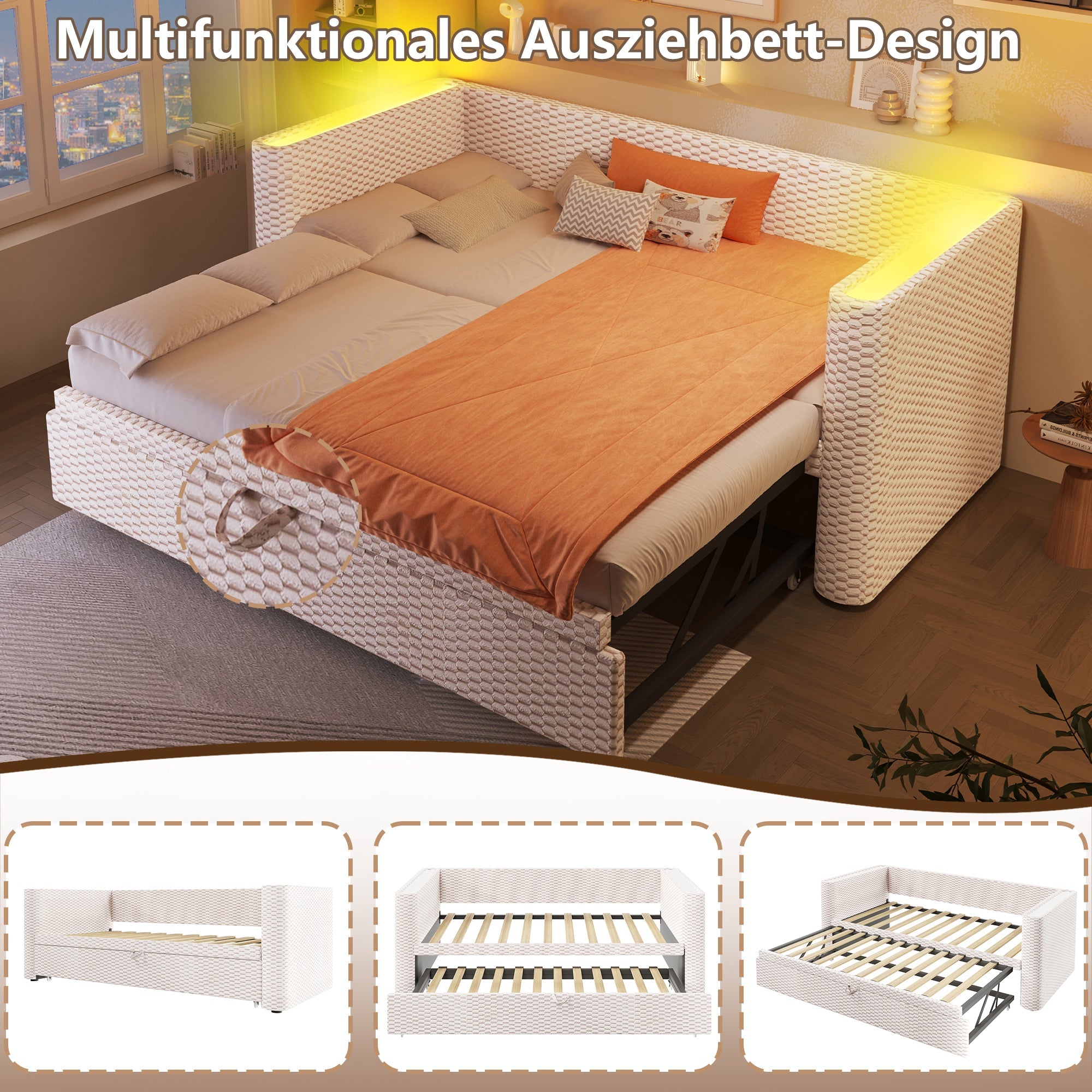 Logidon dagbed slaapbank beige fluweel 90x200/180x200 LED