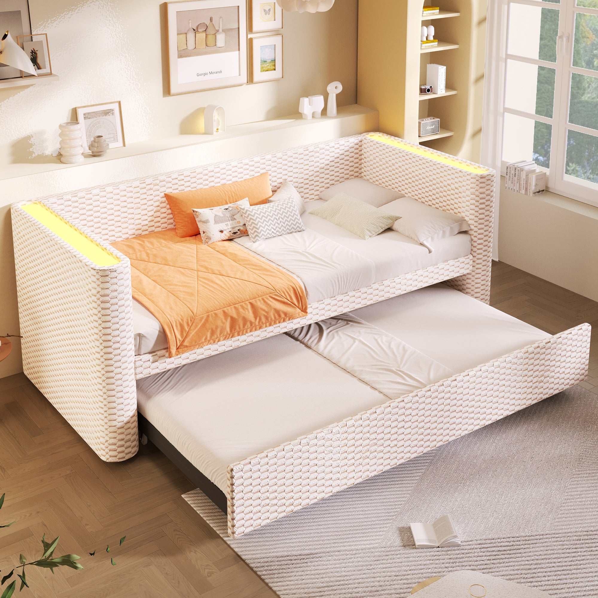 Logidon dagbed slaapbank beige fluweel 90x200/180x200 LED
