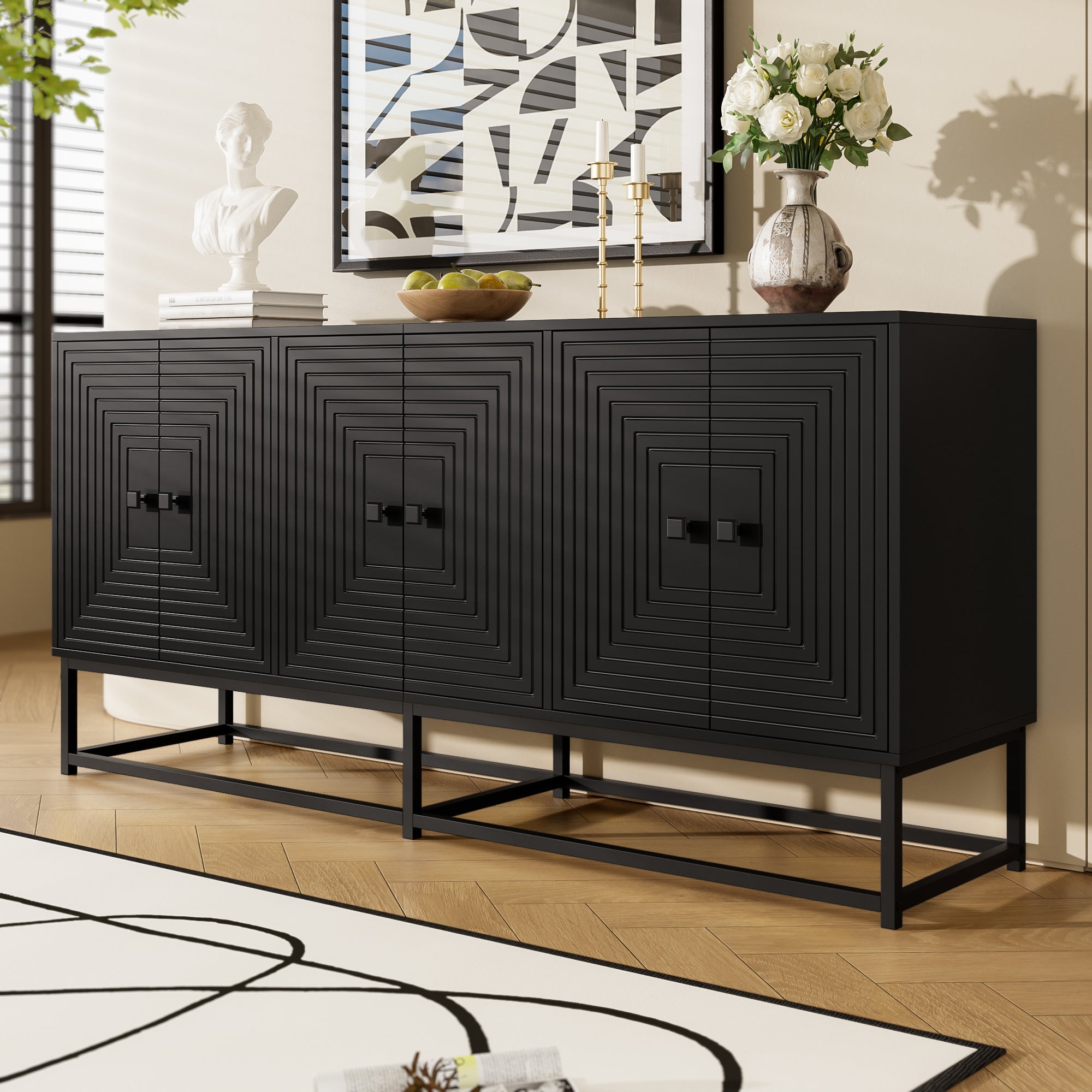 Logidon Moderne Zwarte Dressoirkast 3 Dubbele Deuren 160x38x75,5CM