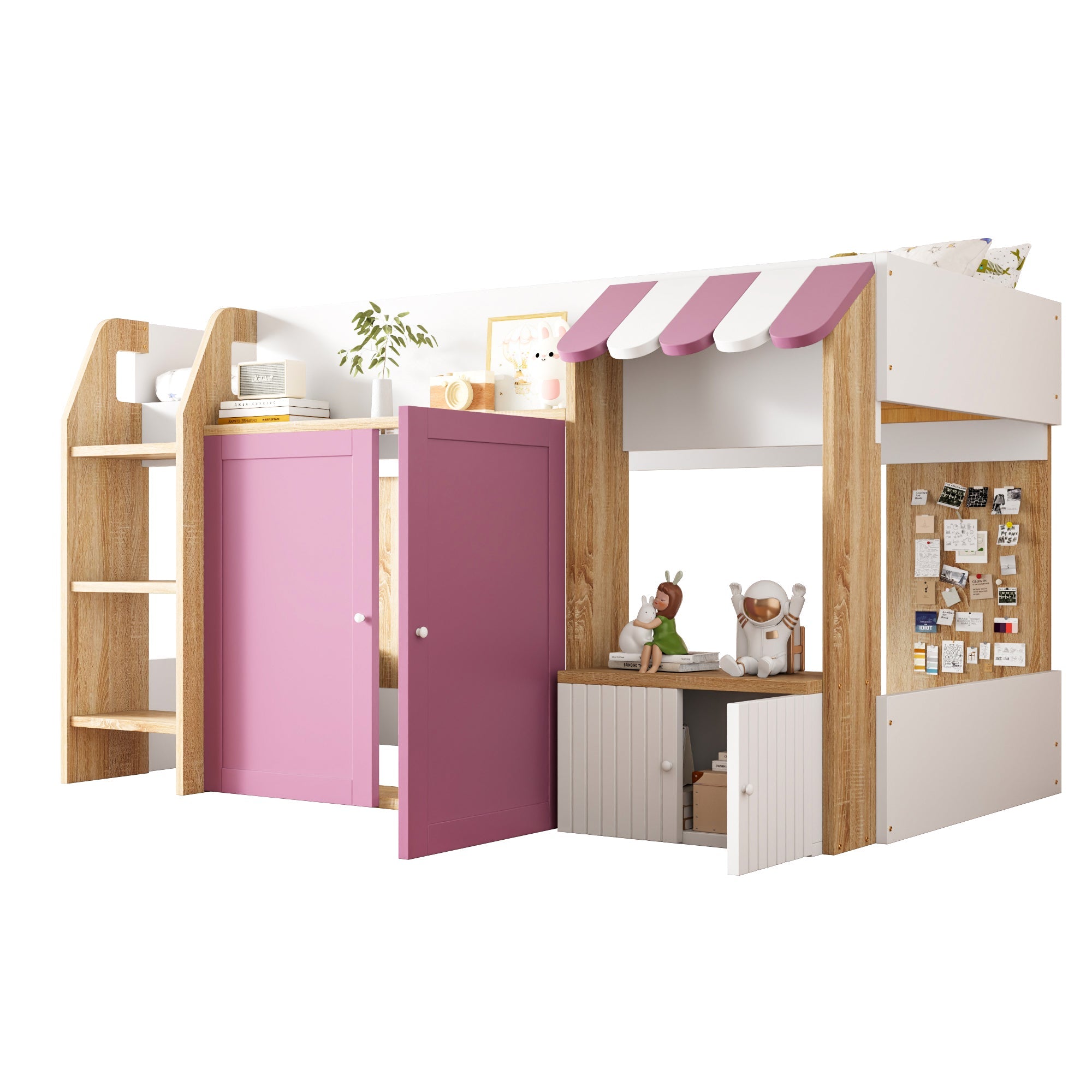 Logidon House Bed Kinderbed 90x200 met opbergruimte en ladder wit roze