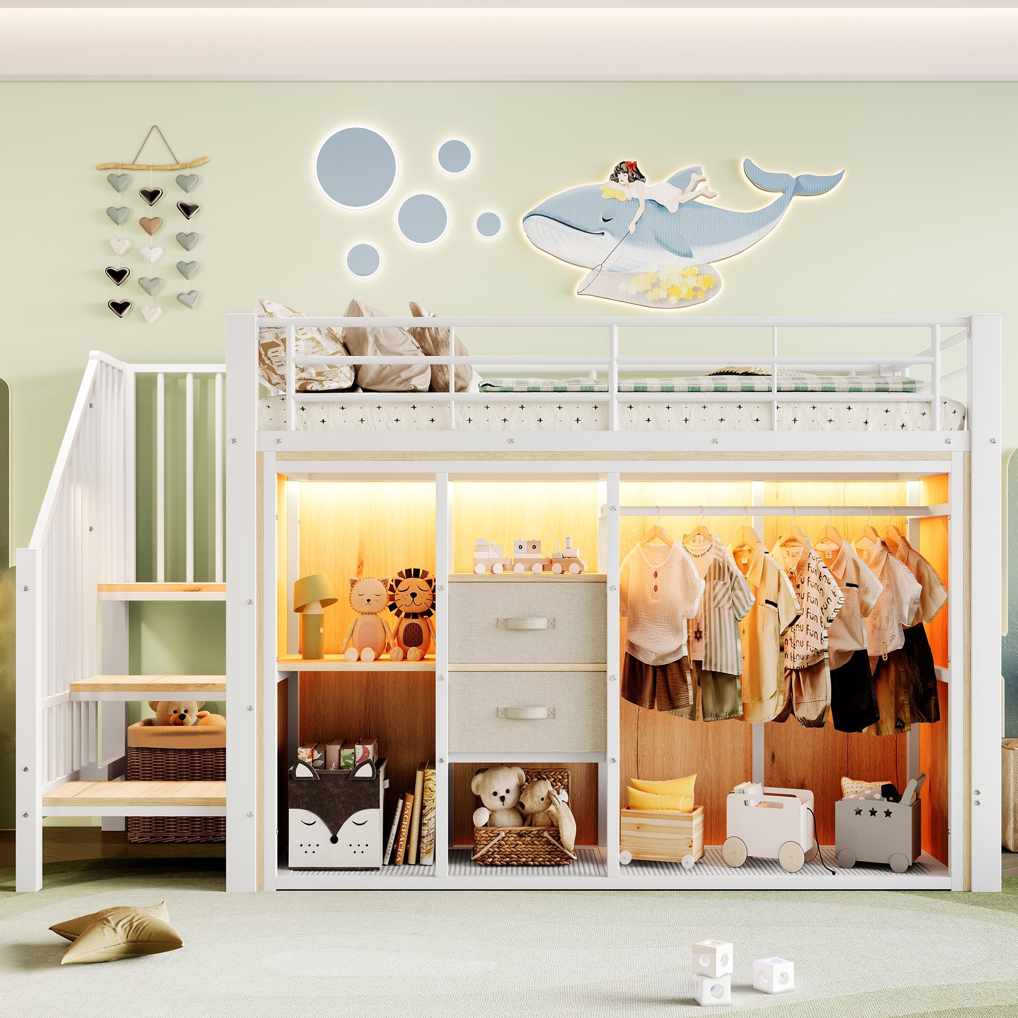 Logidon hoogslaper 90x200 cm met LED, 2 lades, kledingkast, wit
