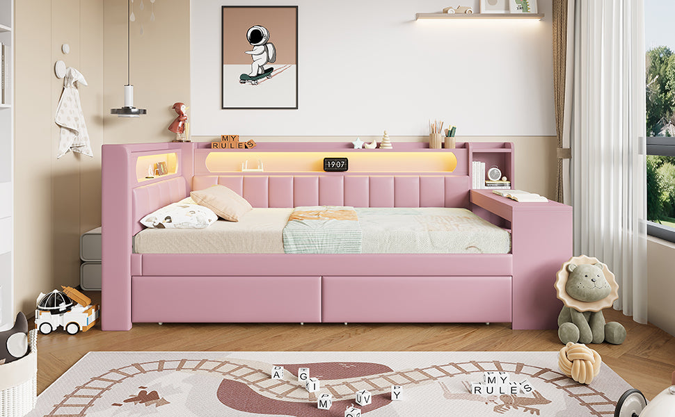 Logidon Daybed 90x200 Upholstered With USB And LED And Desk Pink