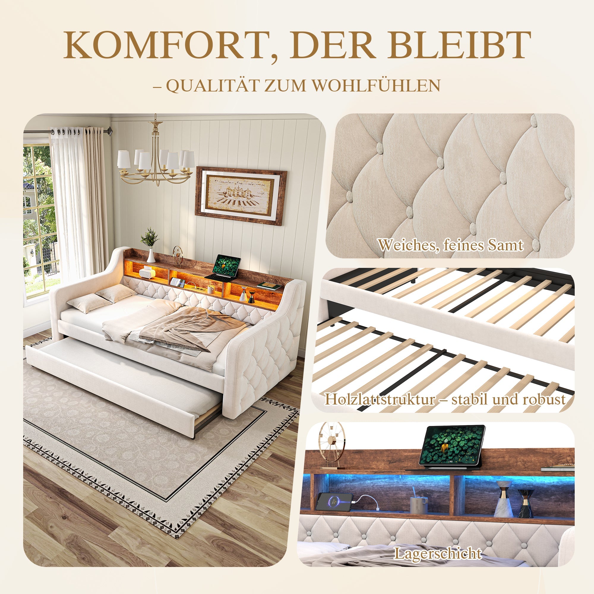 Logidon slaapbank 90x190 cm beige fluweel met opbergruimte LED USB-C
