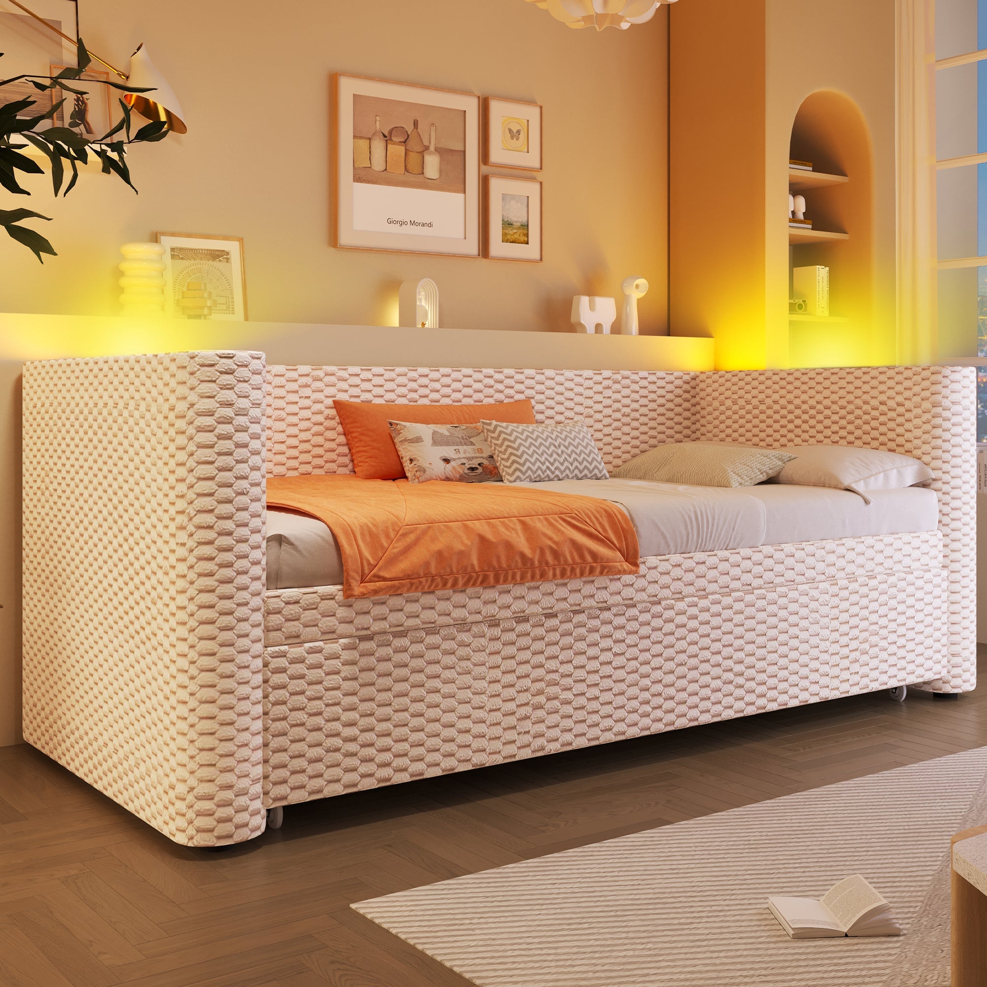 Logidon dagbed slaapbank beige fluweel 90x200/180x200 LED