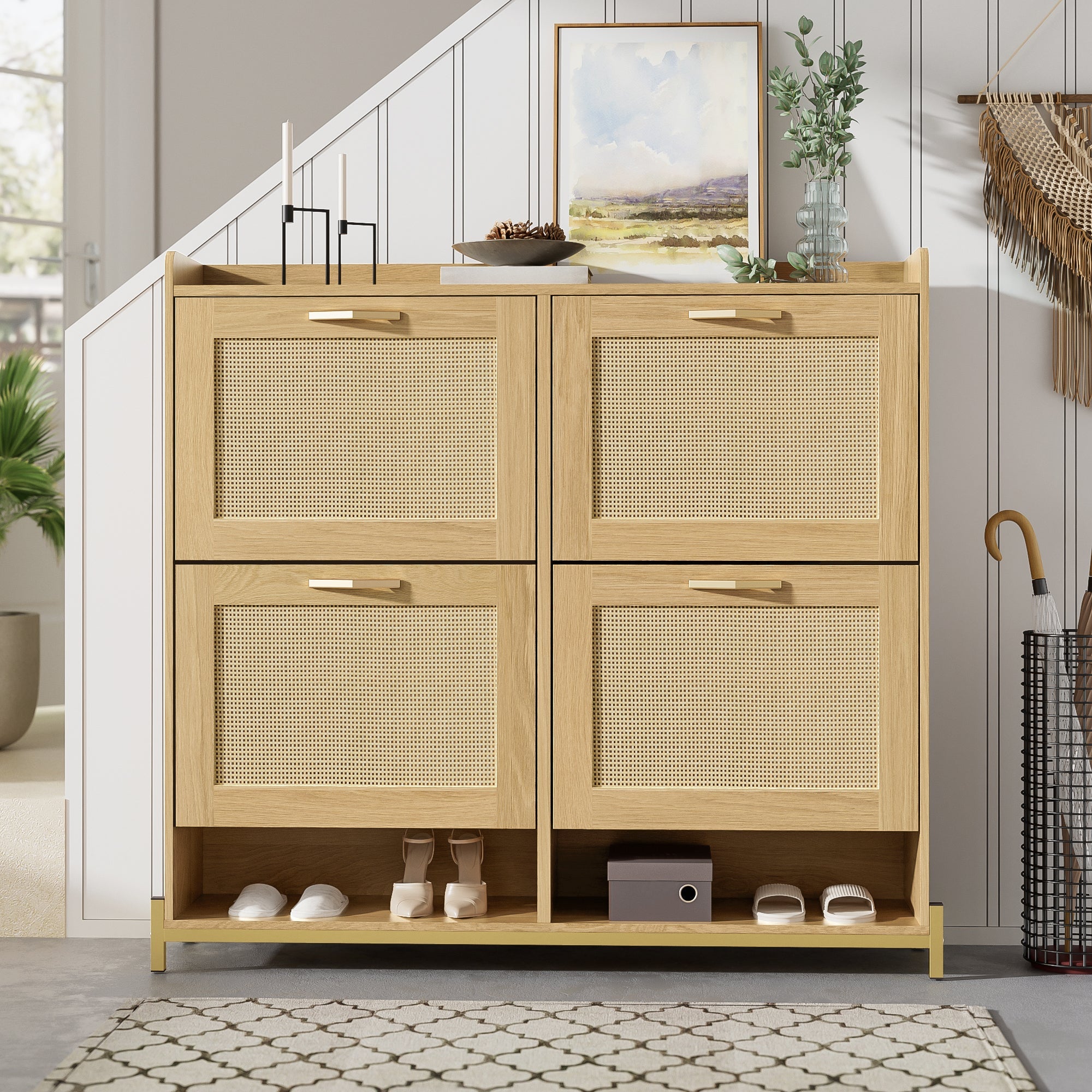 Logidon Elegante Schoenenkast Hout Met Rotan Deuren 4 Deurs Eik