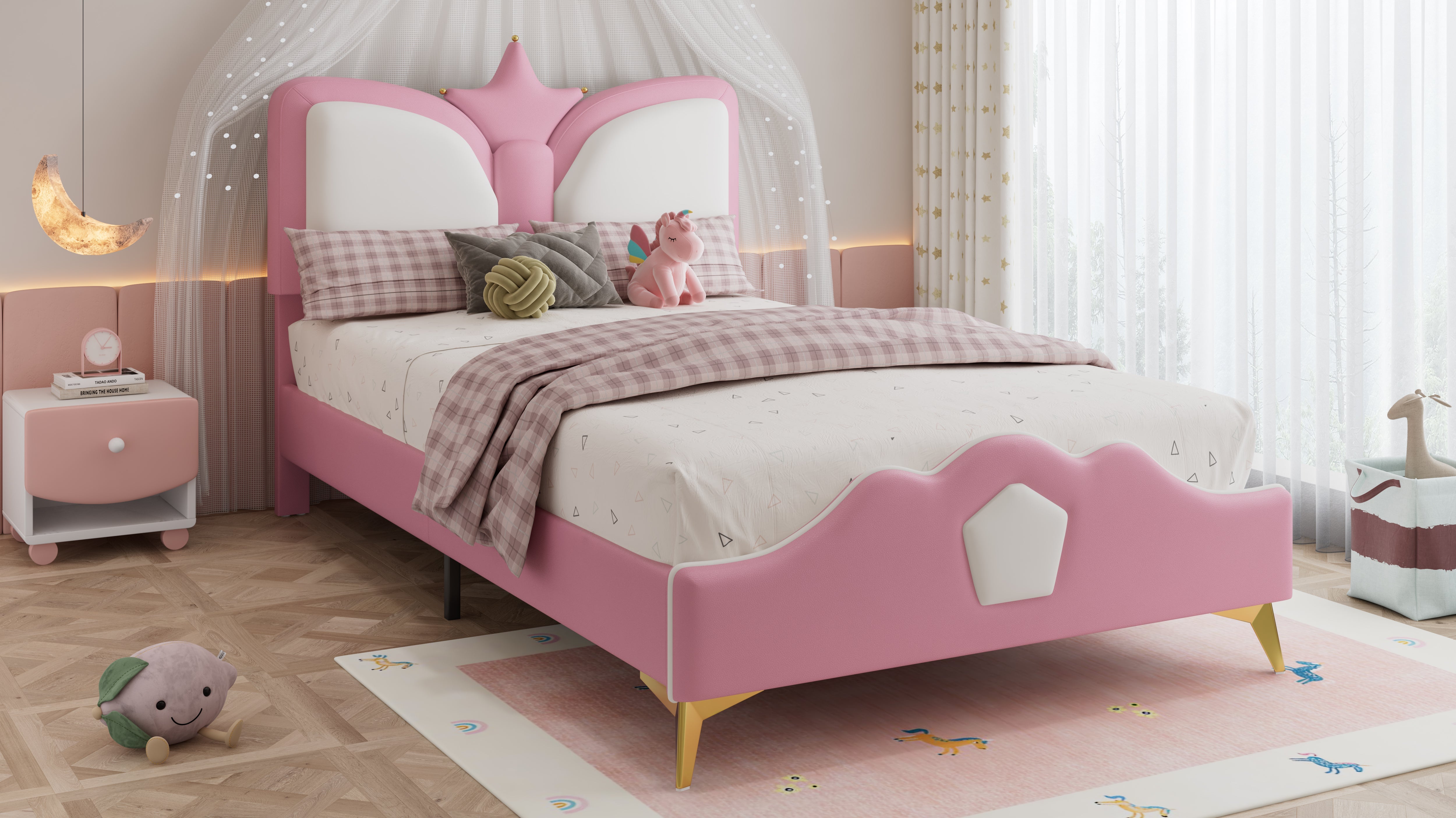 Logidon gestoffeerd bed 90x200cm roze wit kroonvormig hoofdeinde