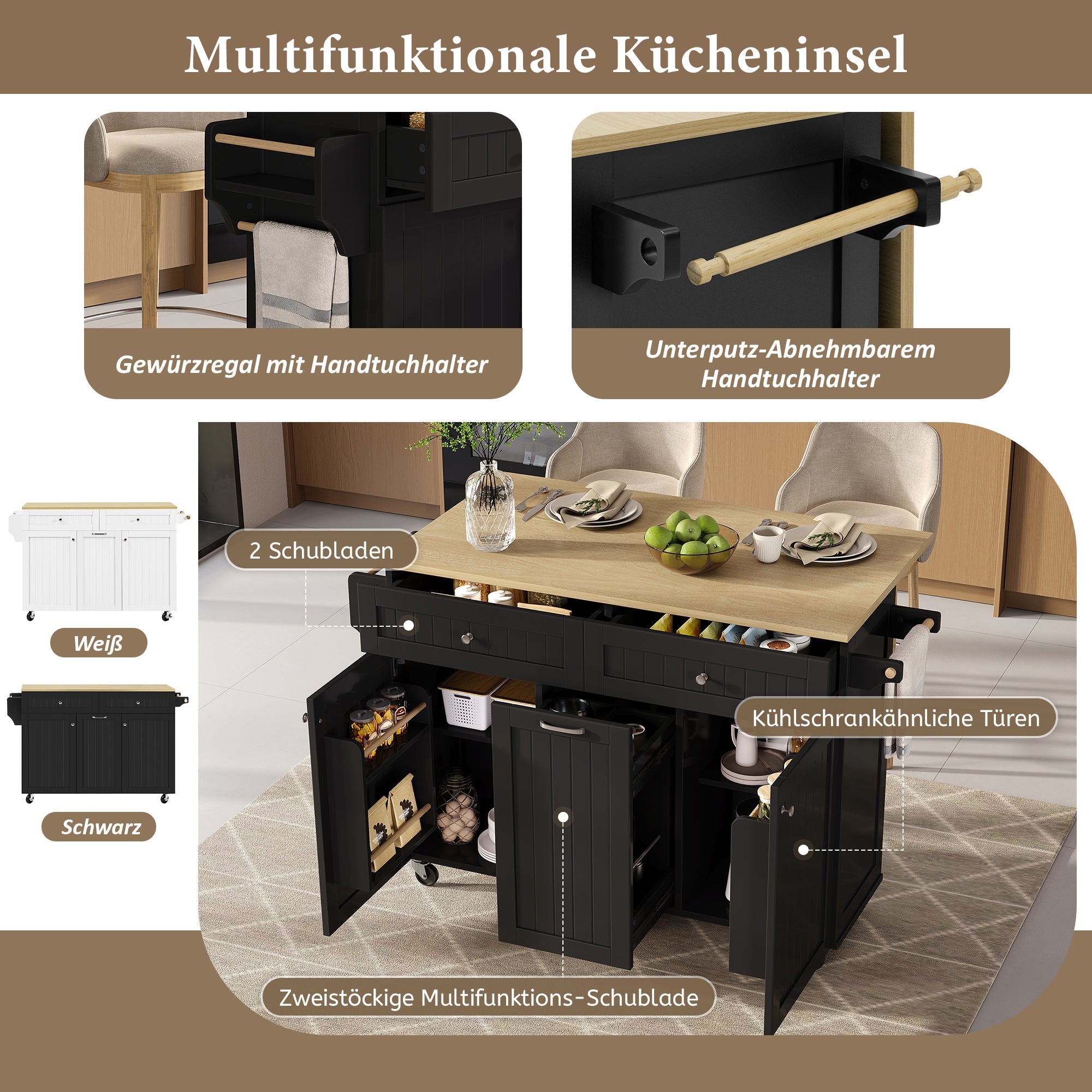 Logidon keukeneiland op wielen zwart 139x70x92 uitschuifbare eethoek