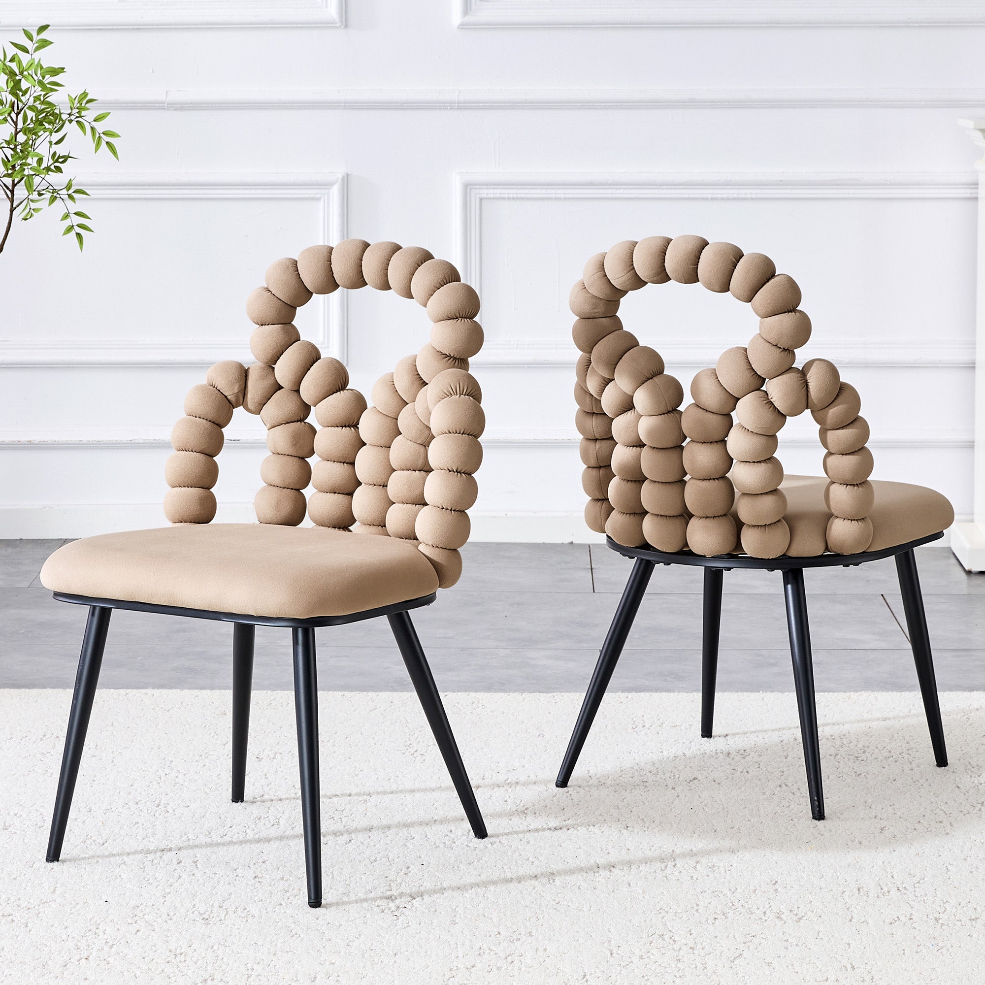 Logidon beige fluwelen eetkamerstoelen set met 2 kogelketting rugleuning