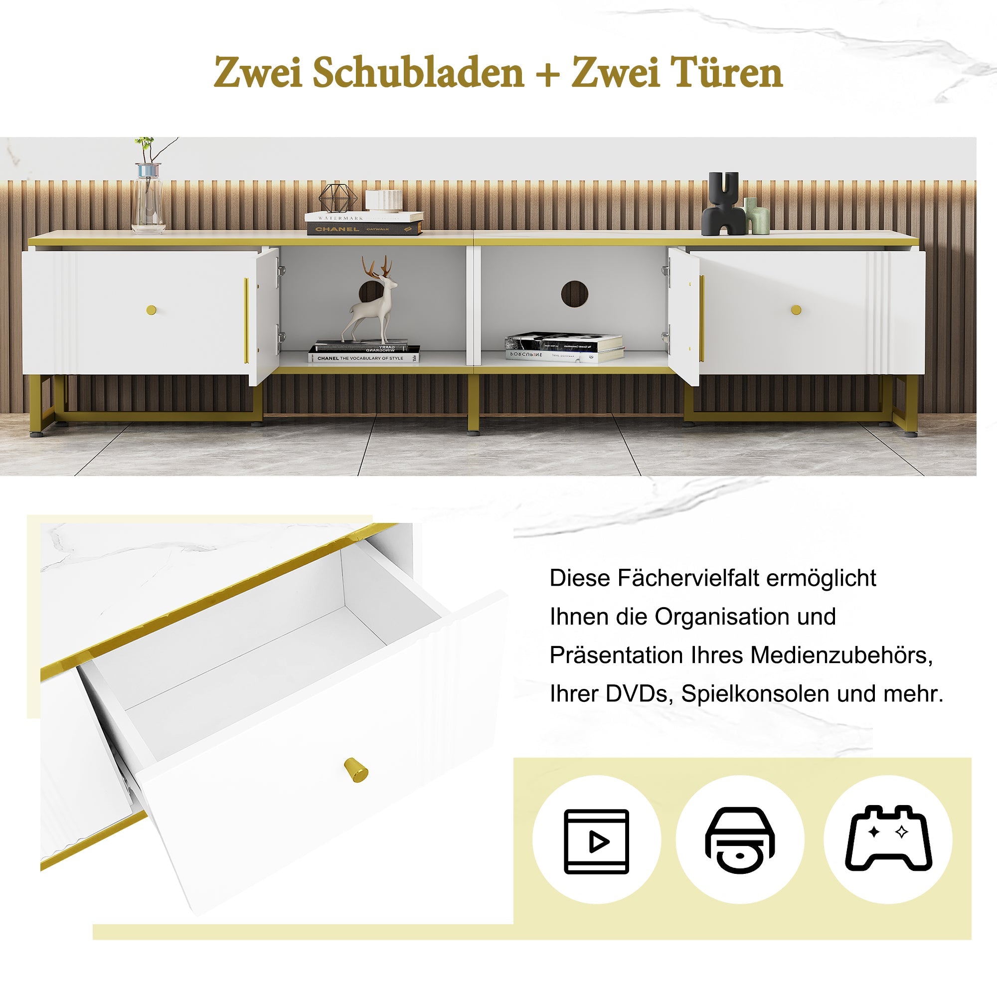 Logidon Elegant Wit TV-meubel 180x40x40 cm Gouden Trim