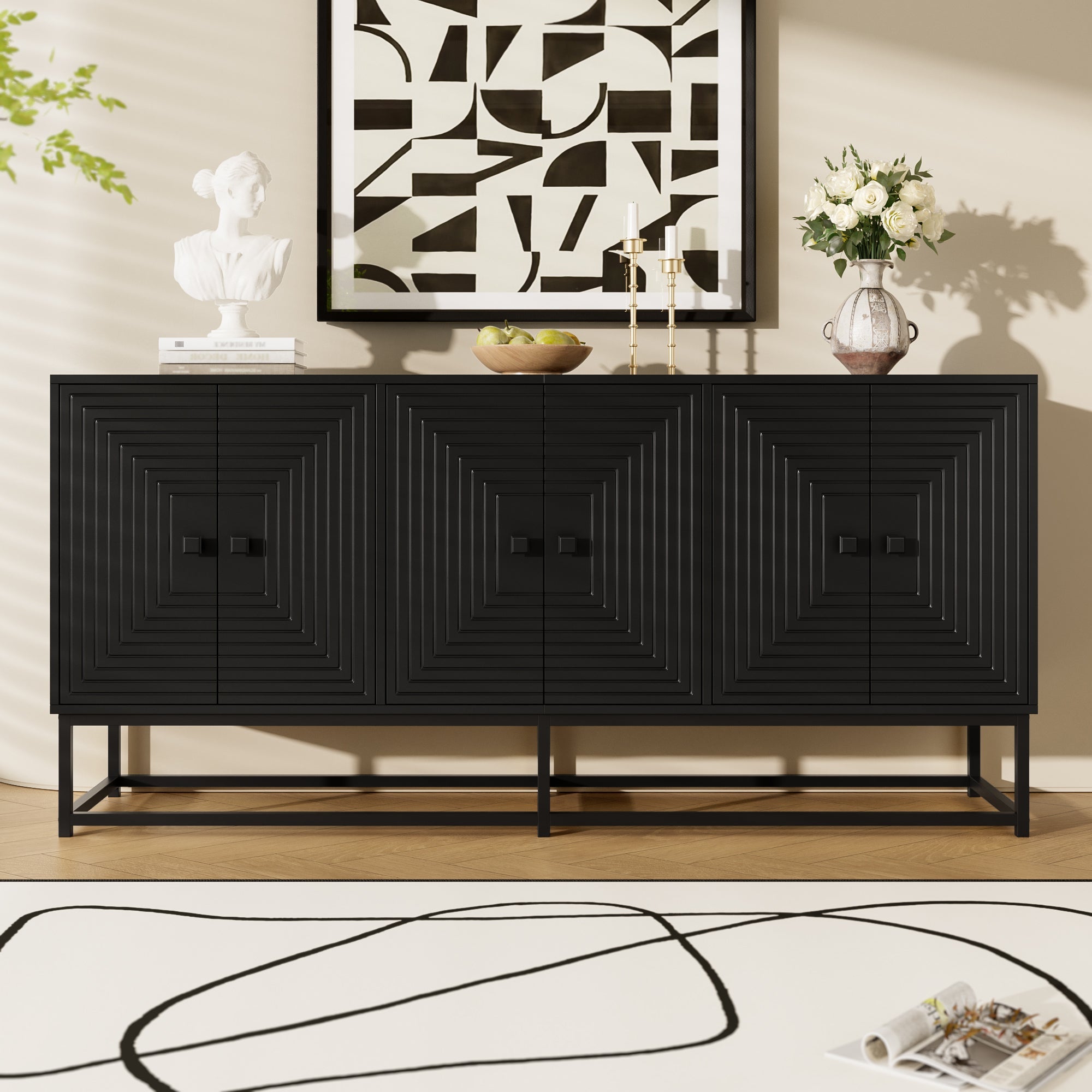 Logidon Moderne Zwarte Dressoirkast 3 Dubbele Deuren 160x38x75,5CM