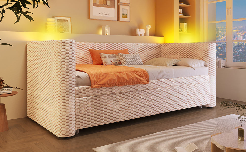 Logidon dagbed slaapbank beige fluweel 90x200/180x200 LED