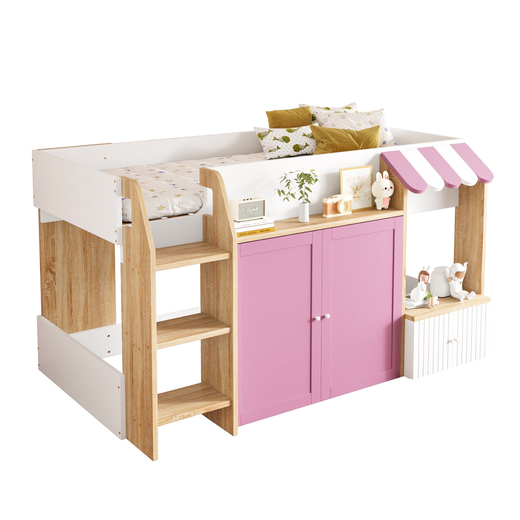 Logidon House Bed Kinderbed 90x200 met opbergruimte en ladder wit roze