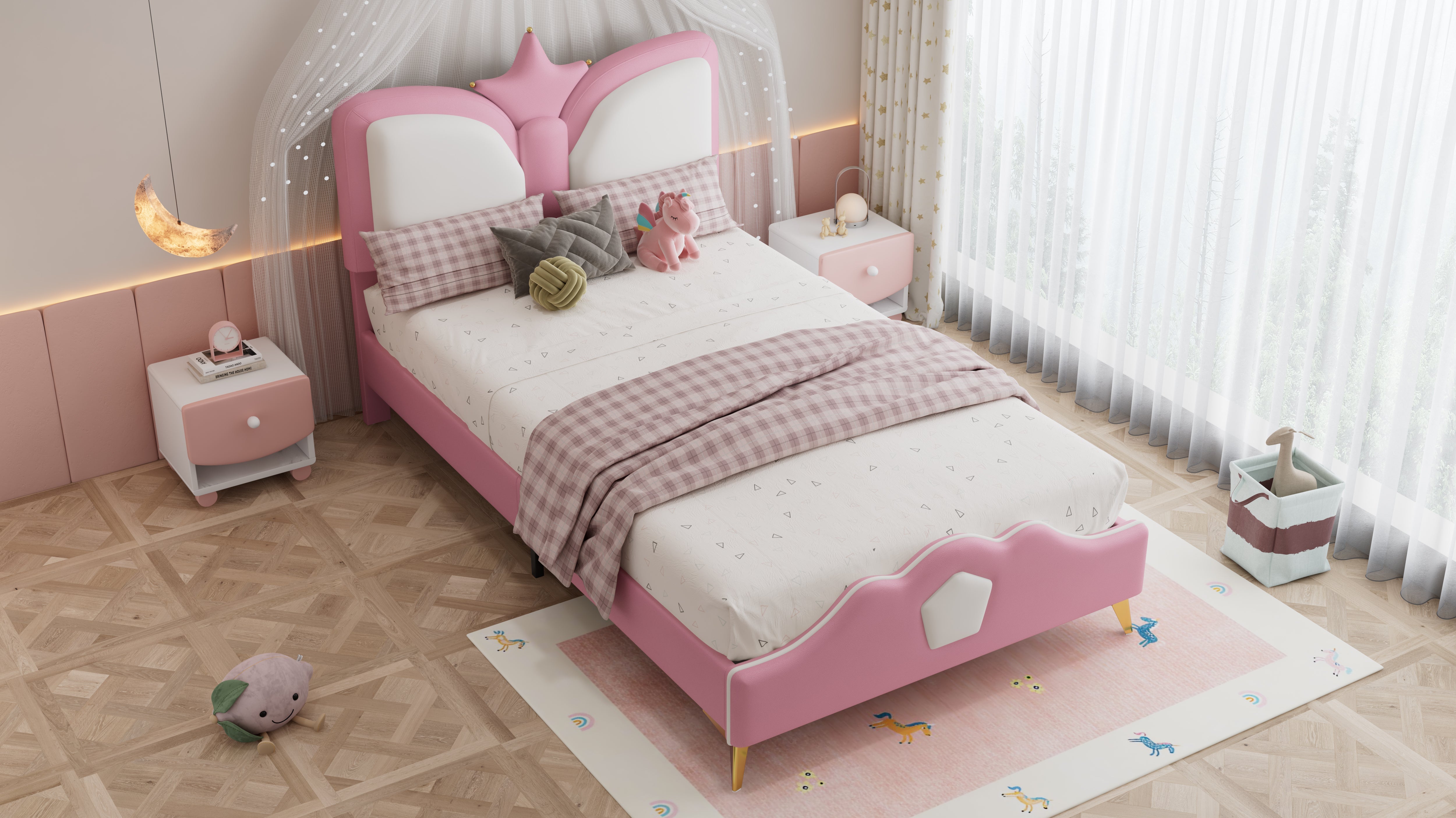 Logidon gestoffeerd bed 90x200cm roze wit kroonvormig hoofdeinde
