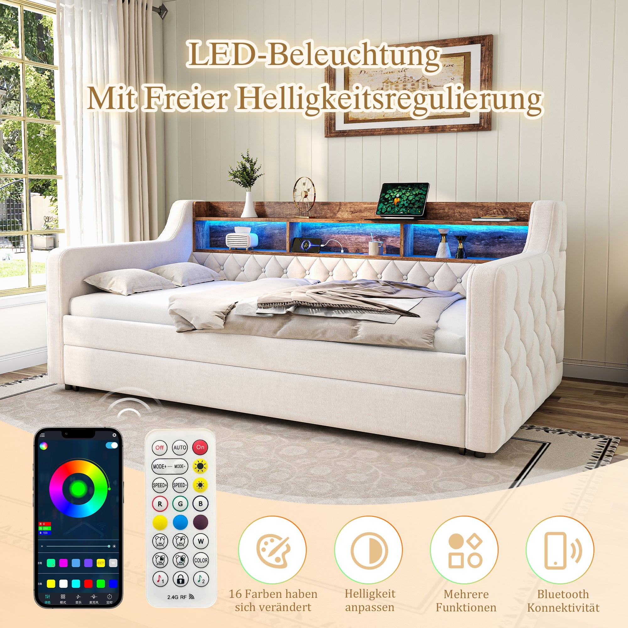 Logidon slaapbank 90x190 cm beige fluweel met opbergruimte LED USB-C