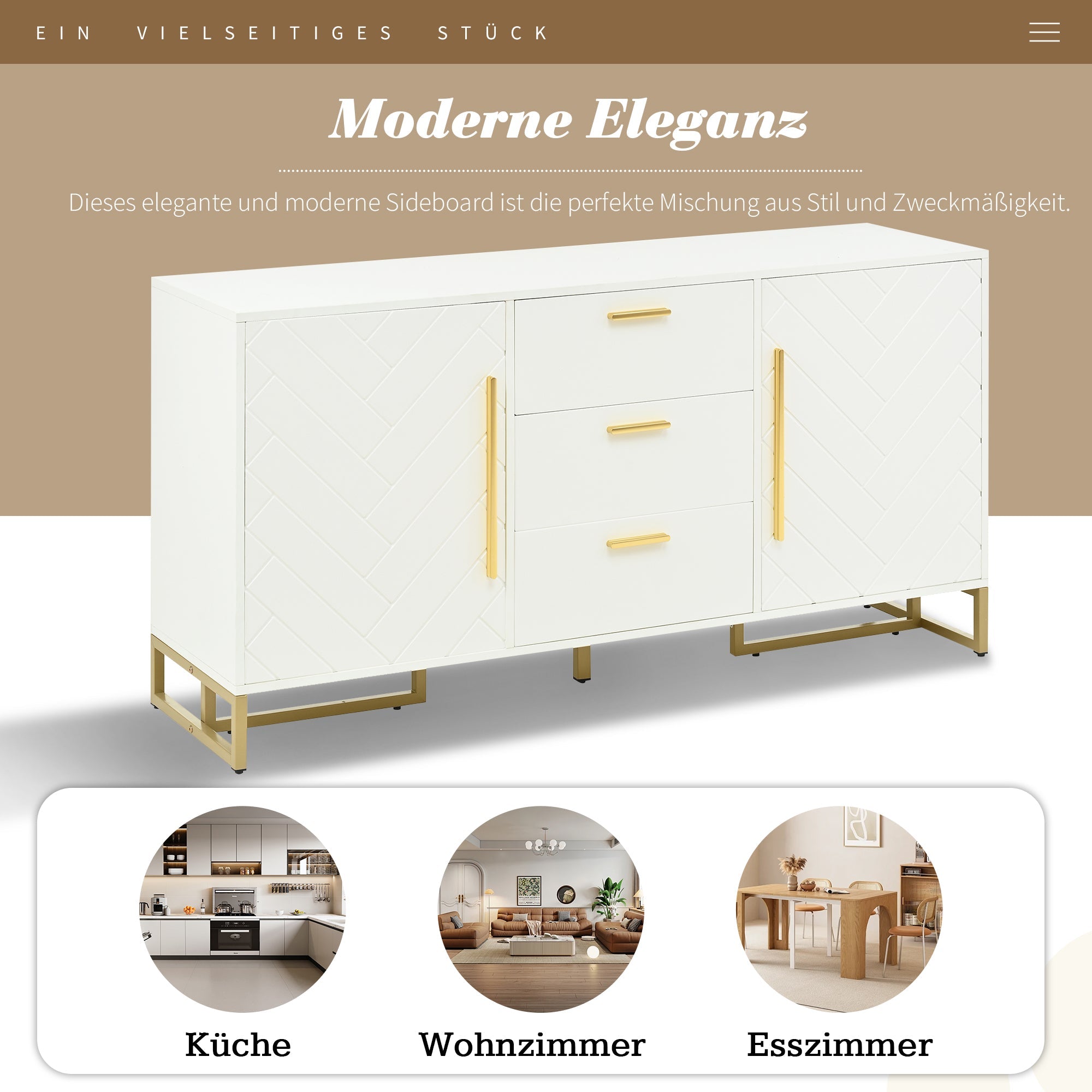 Logidon dressoir wit visgraatpatroon 145x40x75 cm 3 lades