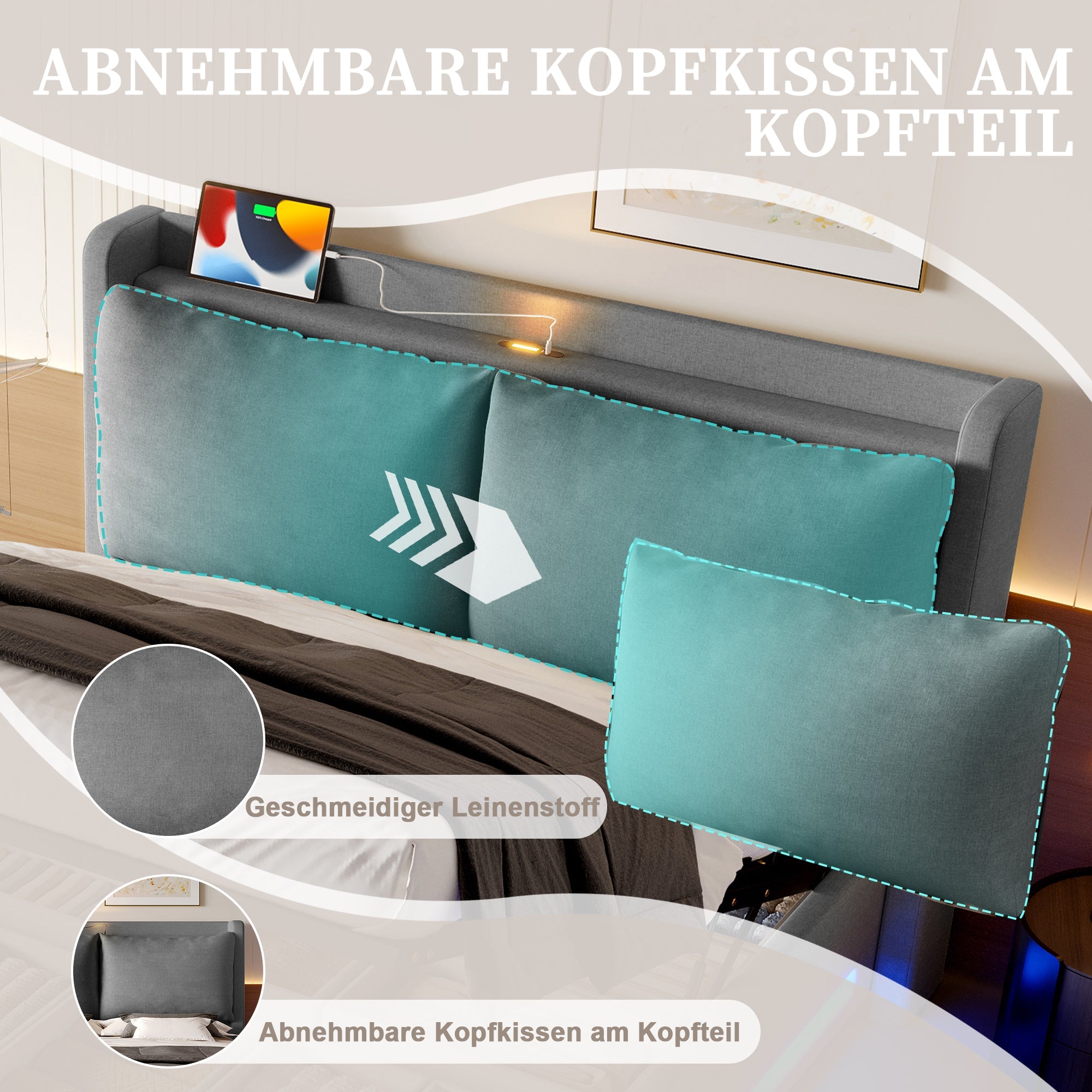 Logidon Modern gestoffeerd bed grijs 140x200 cm met opbergruimte en LED