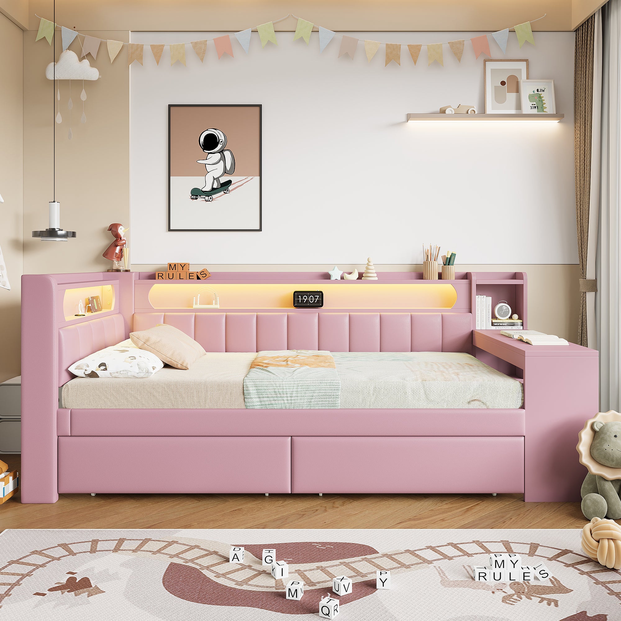 Logidon Daybed 90x200 Upholstered With USB And LED And Desk Pink