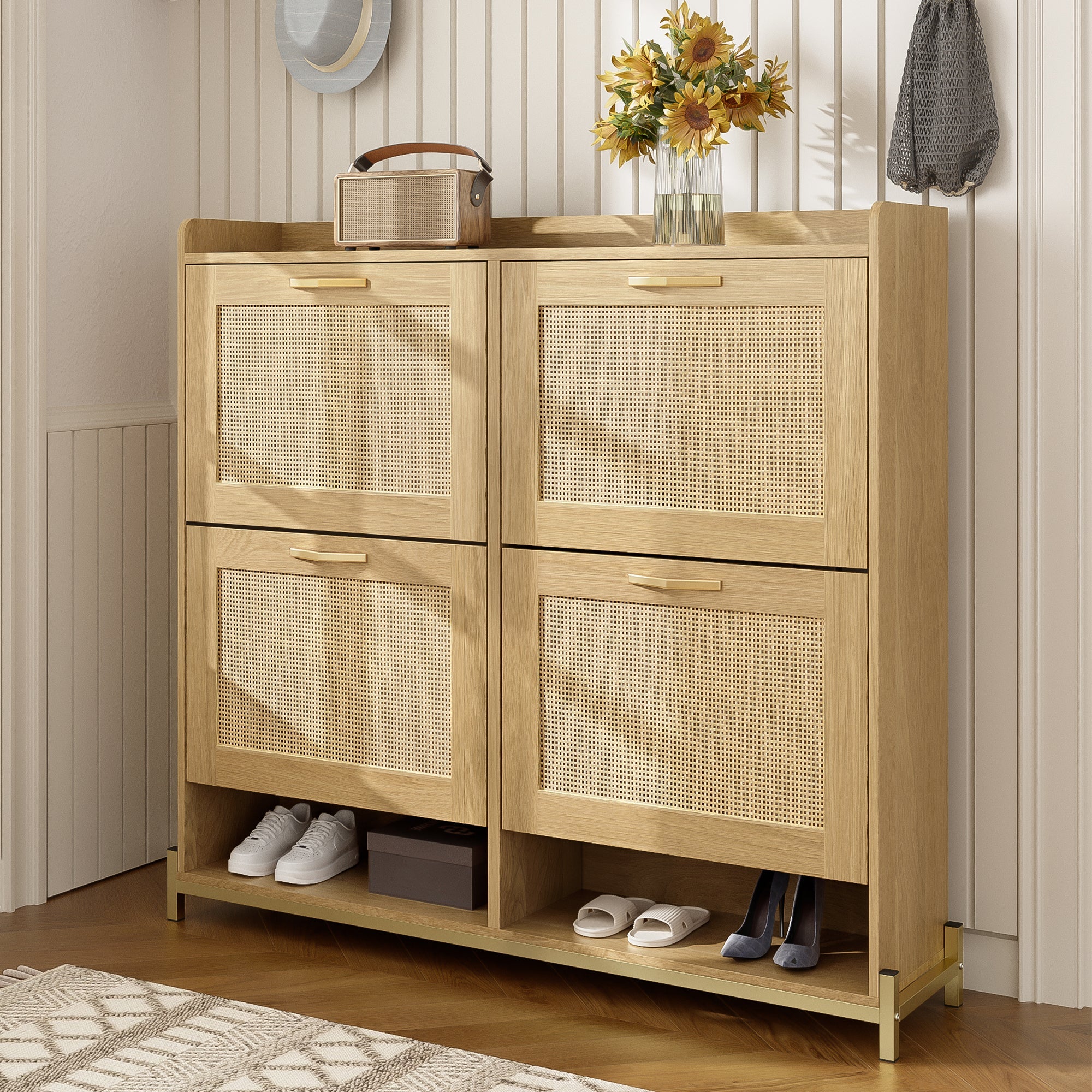 Logidon Elegante Schoenenkast Hout Met Rotan Deuren 4 Deurs Eik